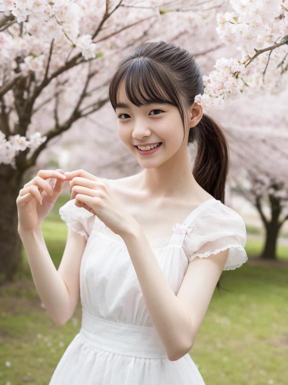 （​masterpiece、high-level image quality、sharp focus）、Wearing maid clothes, A Japanese Lady、、(perfect anatomia、Precise and beautiful limbs), simple girl with little smile, wind blows hair, short ponytail, big  , Cherry blossoms, 