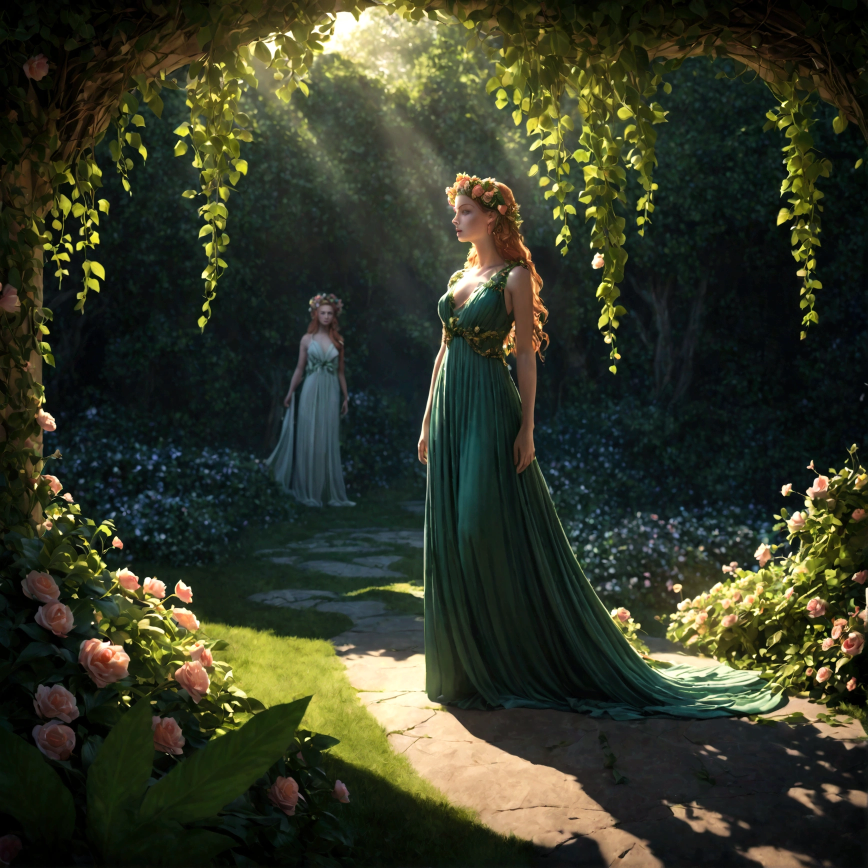 a goddess persephone, elegant intricate floral dress, flowing greenery leaves vines, blooming flowers, lush verdant garden setting, dramatic dramatic lighting, dramatic cinematic atmosphere, hyperrealistic, photorealistic, 8k, ultra-detailed, masterpiece, cinematic lighting, dramatic colors, vivid colors, dramatic shadows, dynamic pose