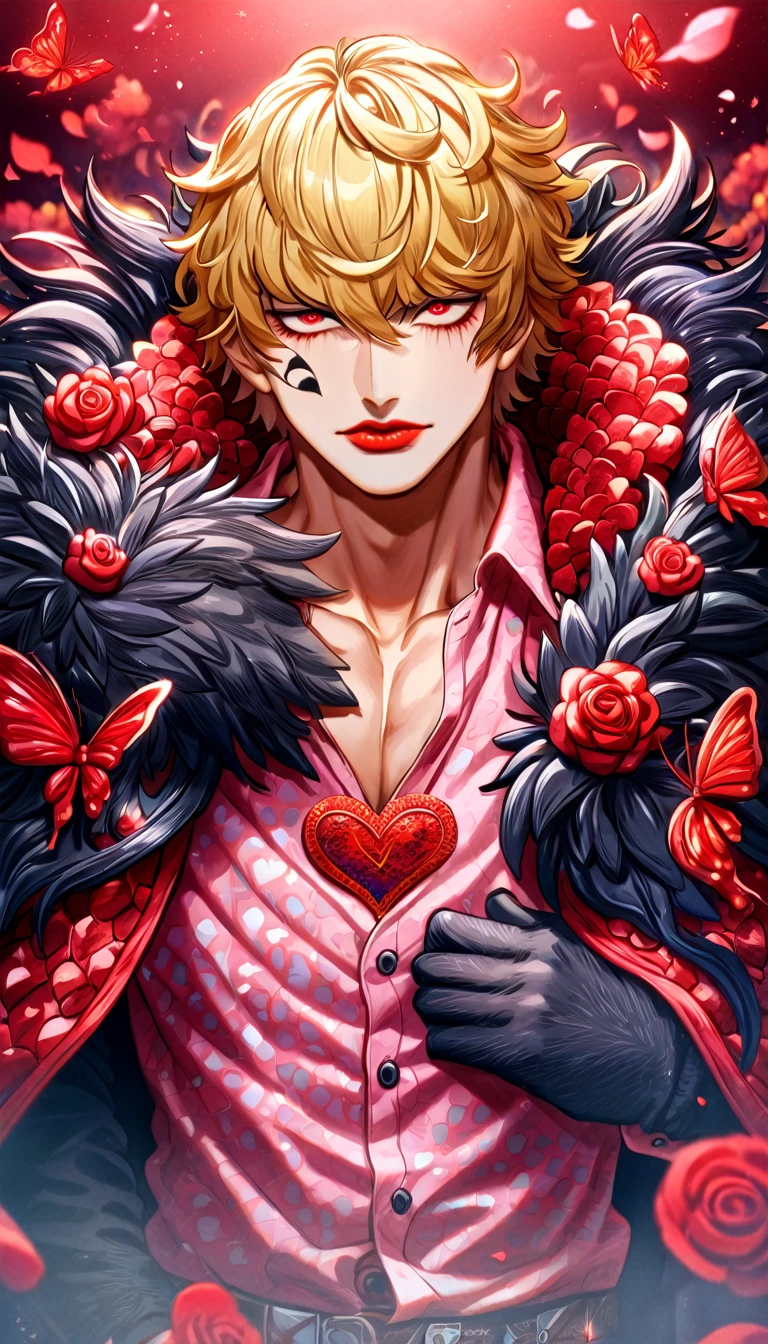 absurdres, highres, ultra detailed, HDR, master piece, best quality, Donquixote Rosinante Corazon, expressive red eyes, blonde hair, One Piece, solo, sexy man, handsome, red lips, black fur cape, pink shirt with heart patterns, magical, fantasy, red roses, red butterflies, red petals, red sky