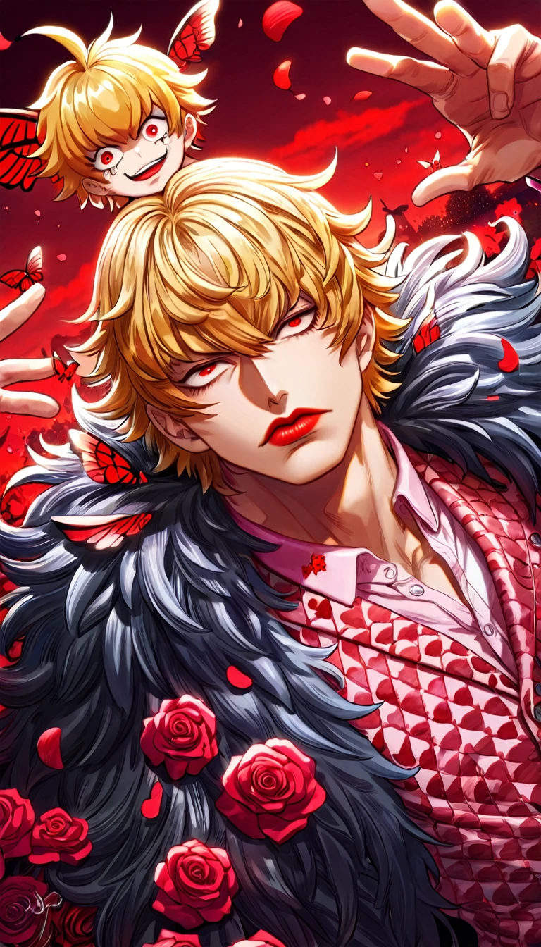 absurdres, highres, ultra detailed, HDR, master piece, best quality, Donquixote Rosinante Corazon, expressive red eyes, blonde hair, One Piece, solo, sexy man, handsome, red lips, black fur cape, pink shirt with heart patterns, magical, fantasy, red roses, red butterflies, red petals, red sky