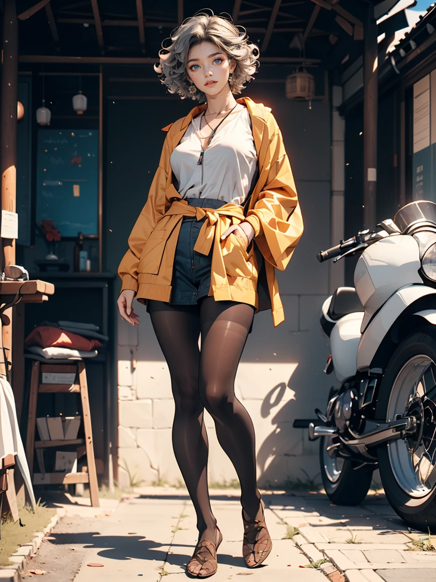 (8K, RAW photos, best quality, masterpiece:1.2), (realistic, photo-realistic:1.5)、(1 woman), 26 year old Japanese woman、hair is gray、Eye color is dark blue、blush with shame, Open your mouth and clean your teeth, high definition face, (Curly short hair)、(Motor show), (tights outfit with open zipper), ((exposure)), ((smile)), venus body、My chest sticks out、Sagging breasts due to gravity, (sunny weather), glowing skin, (A thin waist), (Excellent body), (full body:1.8), looking at the camera. Vivid colors, Sharp contrast, shadow,