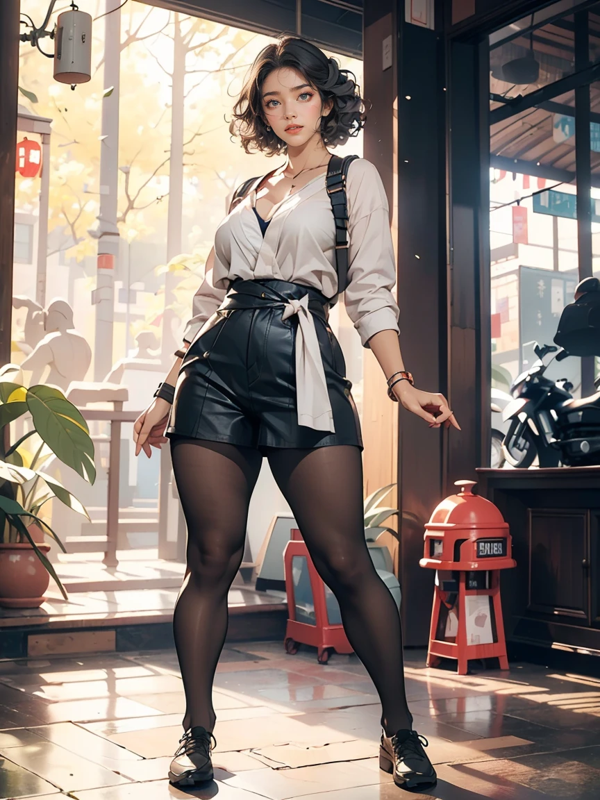 (8K, RAW photos, best quality, masterpiece:1.2), (realistic, photo-realistic:1.5)、(1 woman), 26 year old Japanese woman、hair is gray、Eye color is dark blue、blush with shame, Open your mouth and clean your teeth, high definition face, (Curly short hair)、(Motor show), (tights outfit with open zipper), ((exposure)), ((smile)), venus body、My chest sticks out、Sagging breasts due to gravity, (sunny weather), glowing skin, (A thin waist), (Excellent body), (full body:1.8), looking at the camera. Vivid colors, Sharp contrast, shadow,