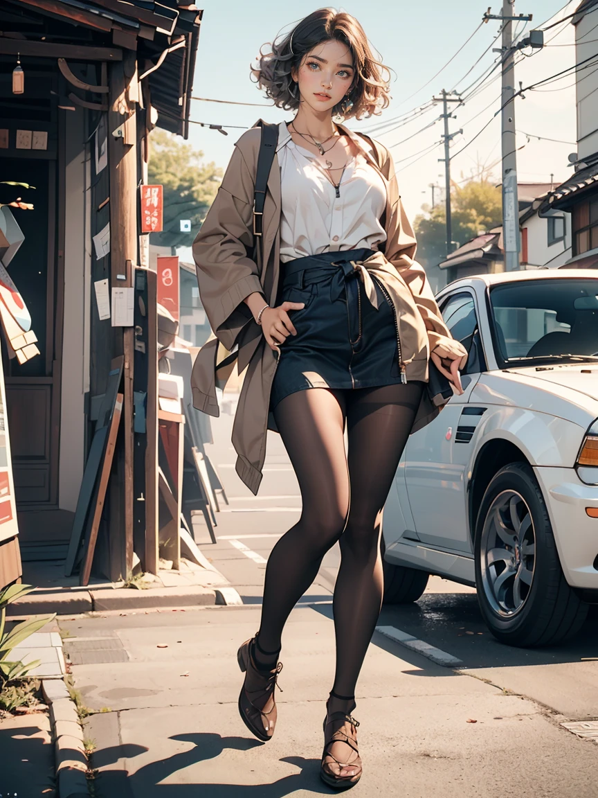 (8K, RAW photos, best quality, masterpiece:1.2), (realistic, photo-realistic:1.5)、(1 woman), 26 year old Japanese woman、hair is gray、Eye color is dark blue、blush with shame, Open your mouth and clean your teeth, high definition face, (Curly short hair)、(Motor show), (tights outfit with open zipper), ((exposure)), ((smile)), venus body、My chest sticks out、Sagging breasts due to gravity, (sunny weather), glowing skin, (A thin waist), (Excellent body), (full body:1.8), looking at the camera. Vivid colors, Sharp contrast, shadow,