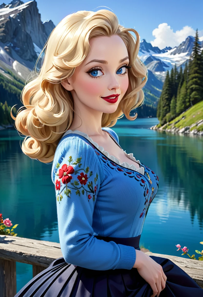 Blonde Woman, Messy Hair, Pale Skin, Red Lipstick, Overlooking Mountain Valley, Alpine Lake. Dress Wth Woodcut Patterns, A Black Knee-Length Pleated Skirt With Blue Embroidery, Norwegian Sweater With Rosemaled Designs. A Wide Smile, Eyes Are Detailed & Wide, & She Poses Dynamically. Digital Painting, 4K Ultra HD, Rococo-Inspired Fantasy Art With Intricate Details. Cute, Charming Expression & Alluring-Gaze, Beautiful Blue Eyes & An-Ideal-Hourglass-Figure. Hedy Lamarr, Olivia Munn & Molly Quinn. Youthful Well-Shaped breasts, promenent bubble-butt. Large-Chest. turning. Side Profile.




