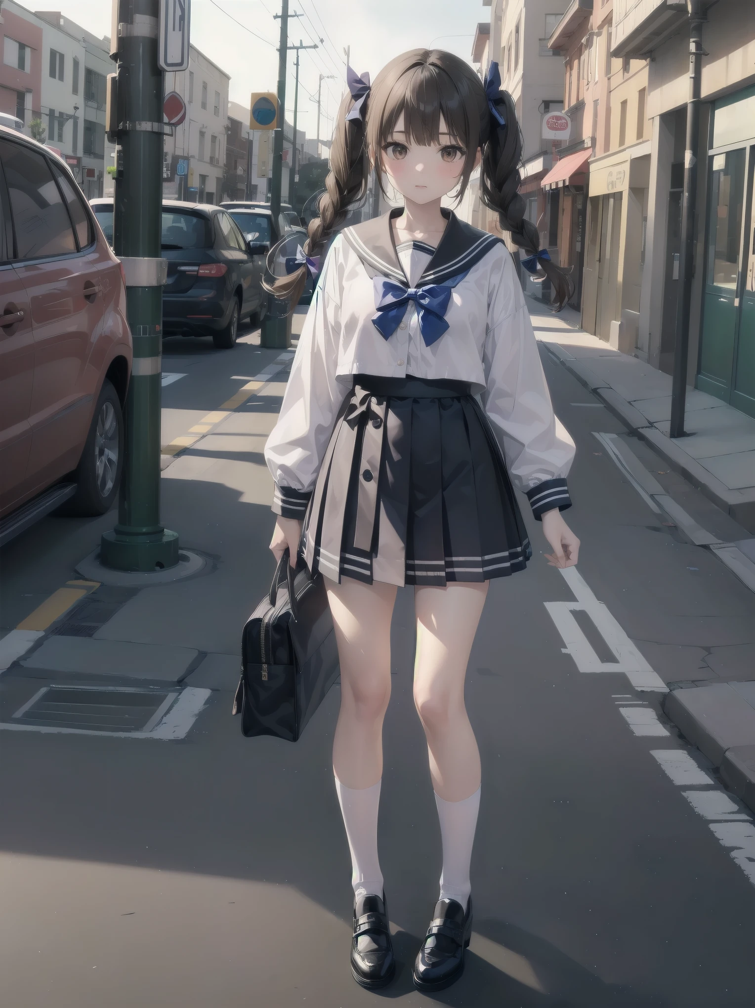 1girl, solo, looking at viewer, skirt, brown hair, shirt, long sleeves, bow, twintails, brown eyes, , full body, shoes, socks, sailor collar, black footwear, twin braids, cosplay, blue bow, white socks, pink skirt, photo background, pink sailor collar