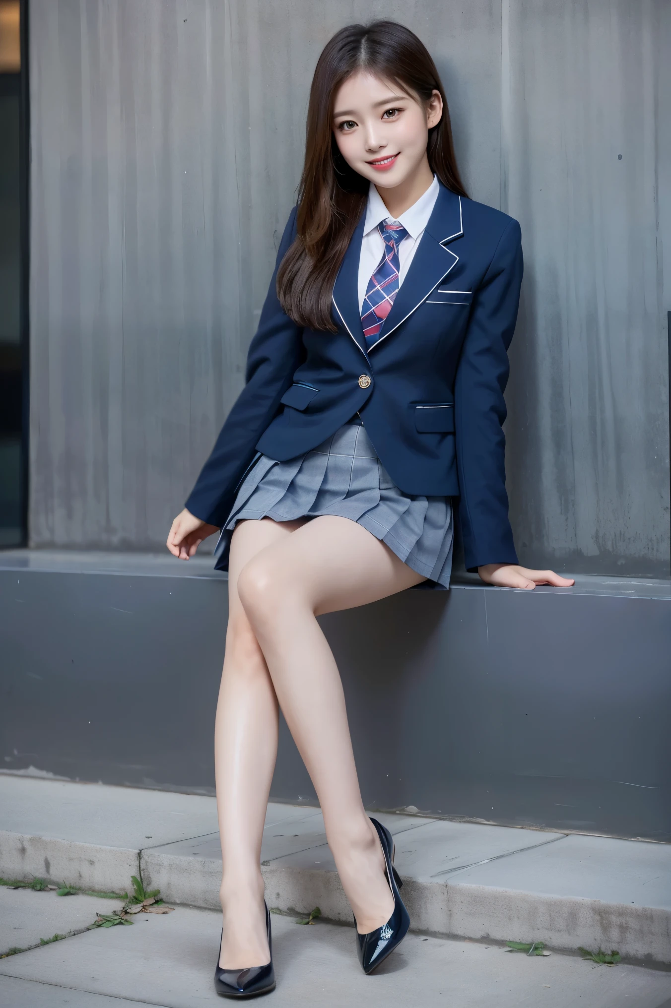(8k), (highest quality: 1.2), (Realistic), (Realistic: 1.37), Ultra-high resolution, (1 girl), cute, blush,Embarrassed smile, Beautiful details, Beautiful Nose, straight Hair, Giant Dulcefo, pork, Thighs,Self Snap,University Uniforms,(A simple dark blue blazer:1.4),(Pleated skirt:1.2),(The skirt and tie are gray tartan check pattern.:1.3),(Sitting:1), Sit on the ground,(Hold my feet:1),(Shiny legs:1.2),from the front,knees