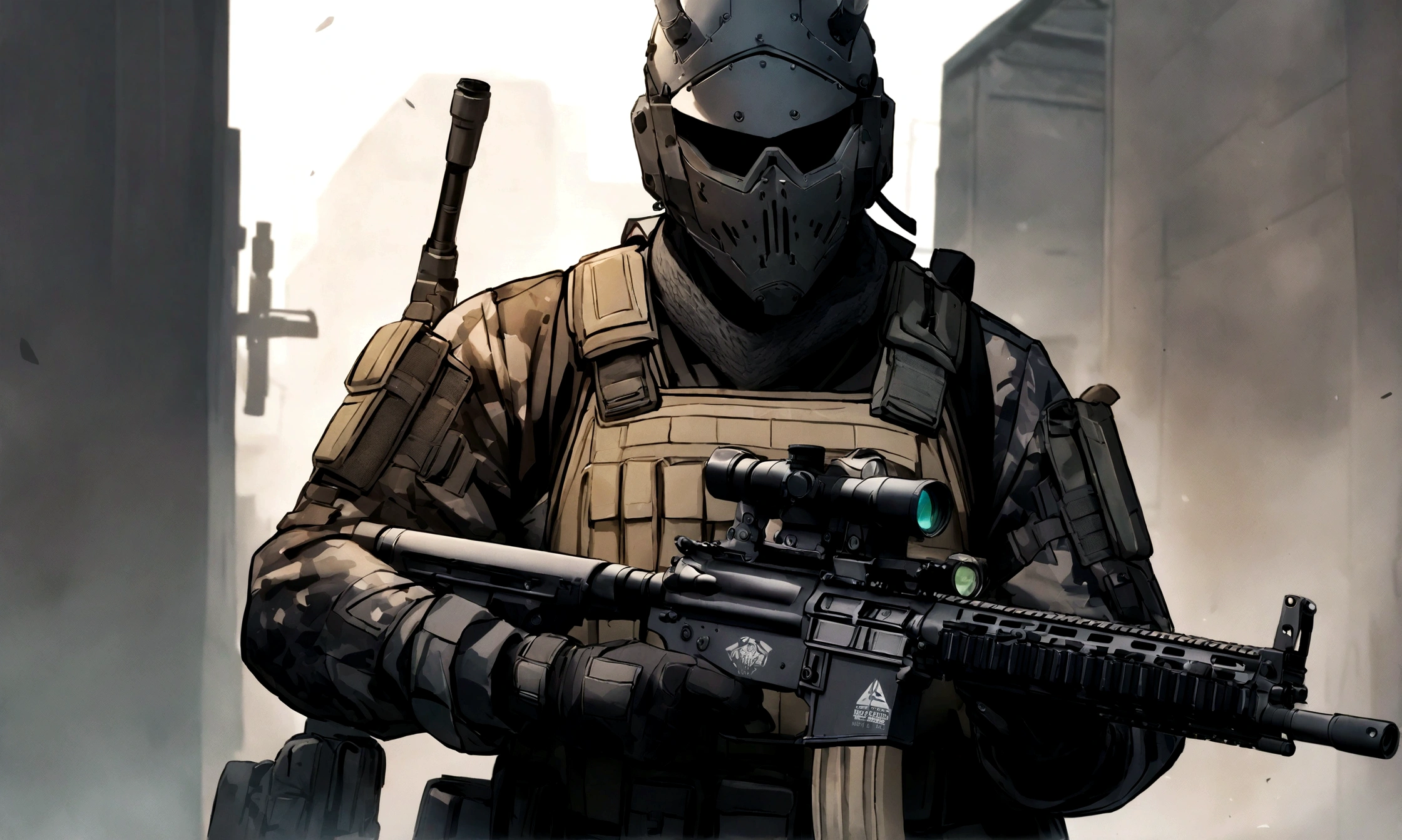 Um logotipo da equipe de Airsoft "Nordic Strike Force". Apresenta um  jovem  guerreiro viking feroz e estilizado de perfil virado para direita, with modernized camouflaged military helmet with tactical night vision equipment ,with black beards and armor adorned with intricate Nordic patterns. No fundo, the silhouette of a modern M4A1 rifle and an ax is prominently displayed, symbolizing precision and expertise and with the writing NORDIC STRIKE FORCE in the background with slight emphasis. The overall design is bold, inspiring and easily recognizable, capturing the essence of Norse warriors combined with the modernity of a special tactical unit. The absence of horns in the design ensures a sophisticated and professional appearance.