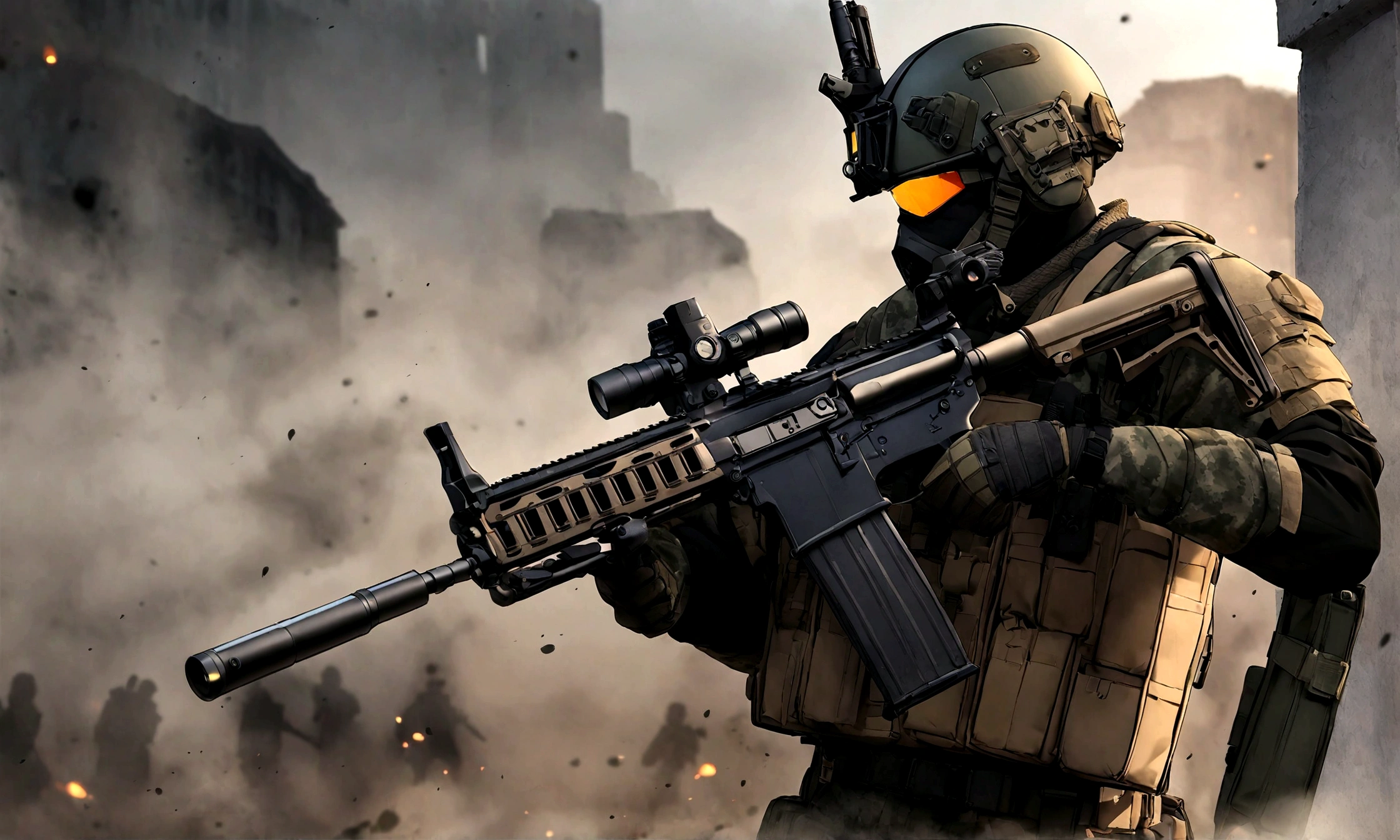 Um logotipo da equipe de Airsoft "Nordic Strike Force". Apresenta um jovem guerreiro viking feroz e estilizado de perfil virado para direita, with modernized camouflaged military helmet with tactical night vision equipment ,with black beards and armor adorned with intricate Nordic patterns. No fundo, the silhouette of a modern M4A1 rifle and an ax is prominently displayed, symbolizing precision and expertise and with the writing NORDIC STRIKE FORCE in the background with slight emphasis. The overall design is bold, inspiring and easily recognizable, capturing the essence of Norse warriors combined with the modernity of a special tactical unit. The absence of horns in the design ensures a sophisticated and professional appearance.