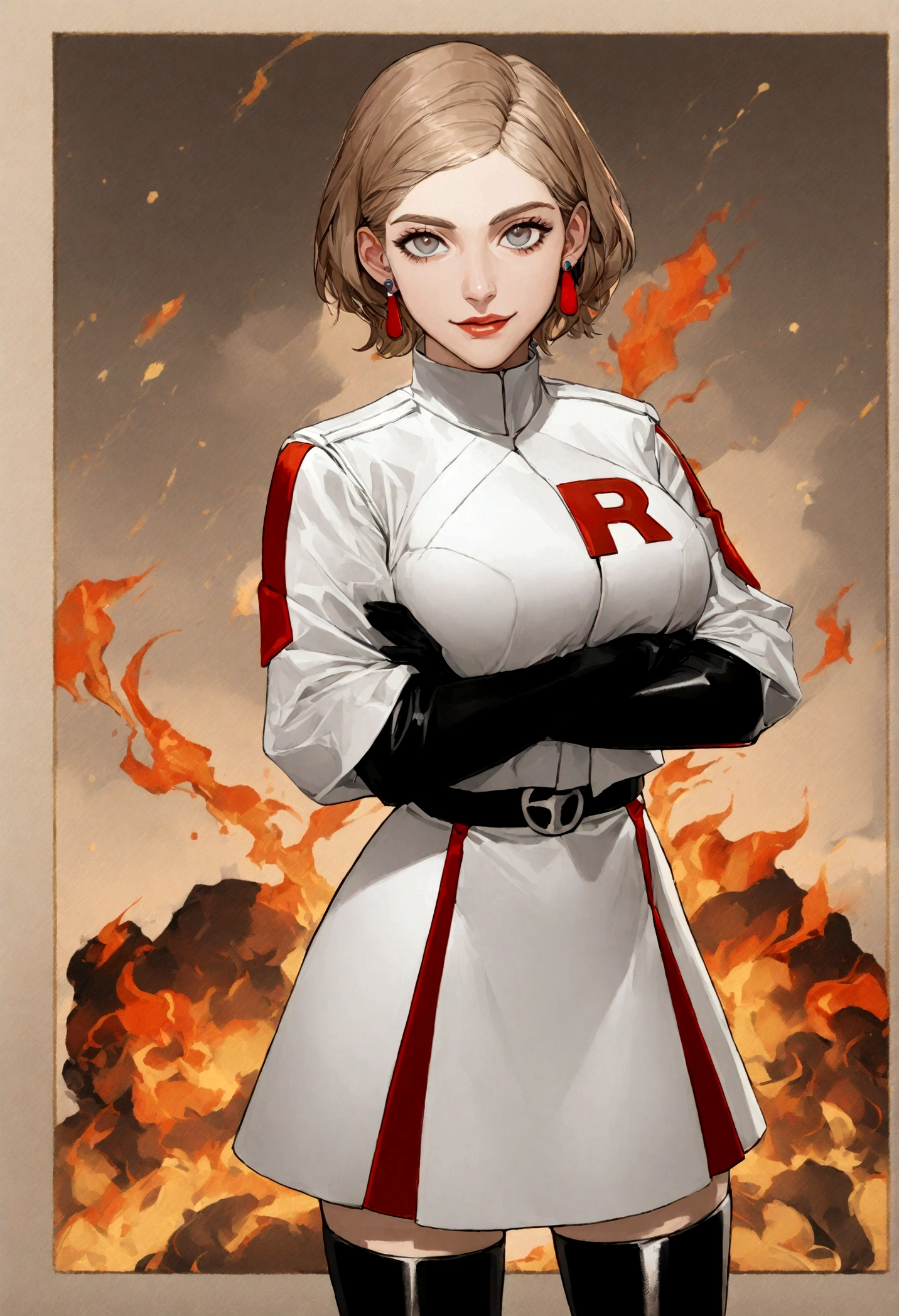 (((1 girl))) short hair, earings ,glossy lips ,team rocket uniform, red letter R, white skirt, white crop top, black thigh-high boots, black elbow gloves, evil smile, looking at viewer, cowboy shot, arms crossed, full body photo Mercedes von Martritz (Fire Emblem: Three Houses)