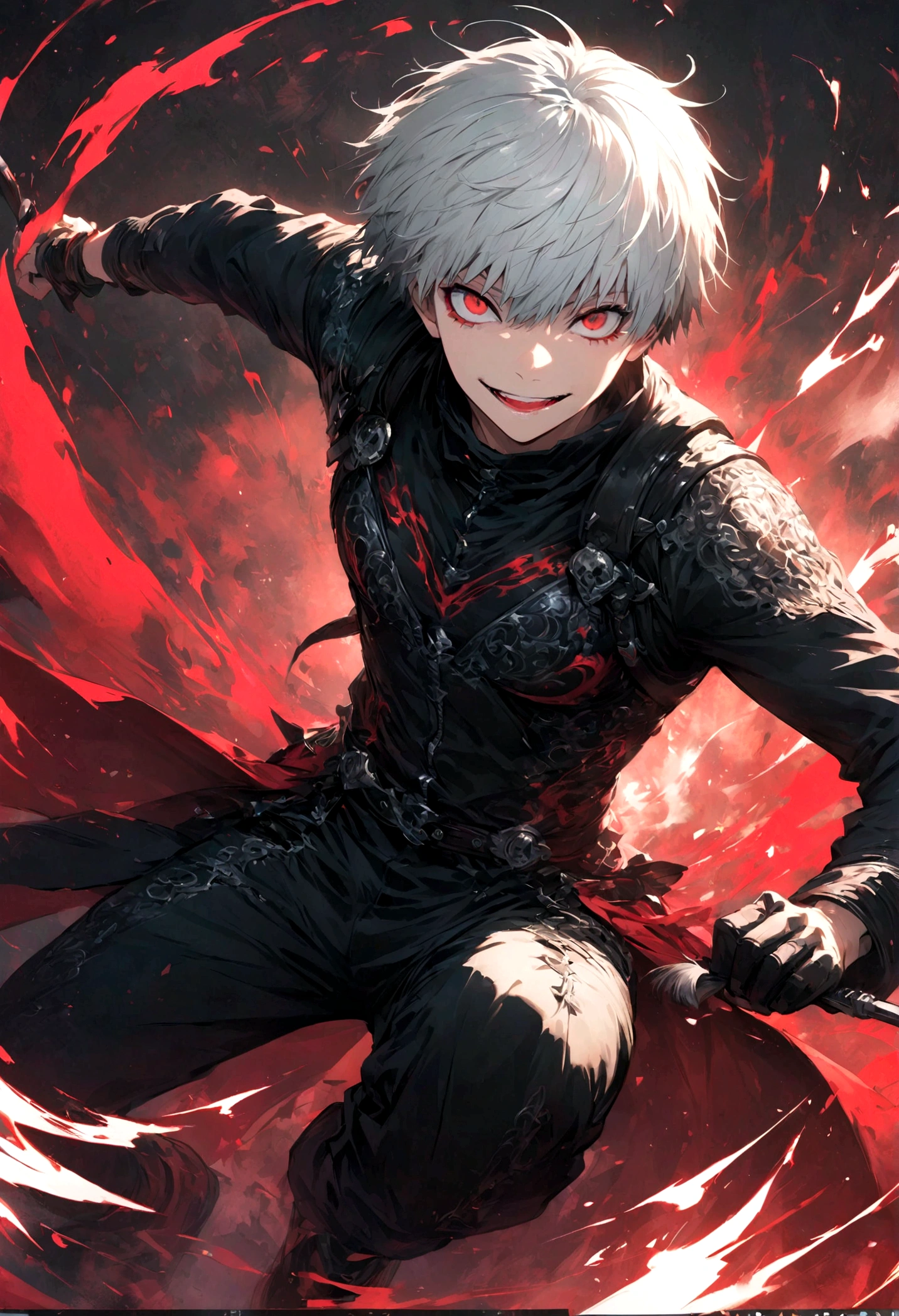 1 male,Kaneki,Tokyo Ghoul,,Sui Ishida's painting style,Intricate details,Use black and white as your main colors,Decadent,artwork,rendering,Dynamic Pose,(masterpiece:1.3),(highest quality:1.4),(ultra detailed:1.5),High resolution,extremely detailed,unity 8k wallpaper,Dark fantasy,Brush strokes,Glare,Battle Style,Crazy smile
