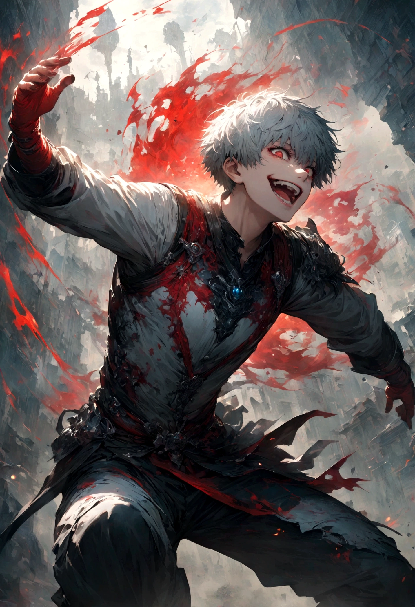 1 male,Kaneki,Tokyo Ghoul,,Sui Ishida's painting style,Intricate details,Use black and white as your main colors,Decadent,artwork,rendering,Dynamic Pose,(masterpiece:1.3),(highest quality:1.4),(ultra detailed:1.5),High resolution,extremely detailed,unity 8k wallpaper,Dark fantasy,Brush strokes,Glare,Battle Style,Crazy smile