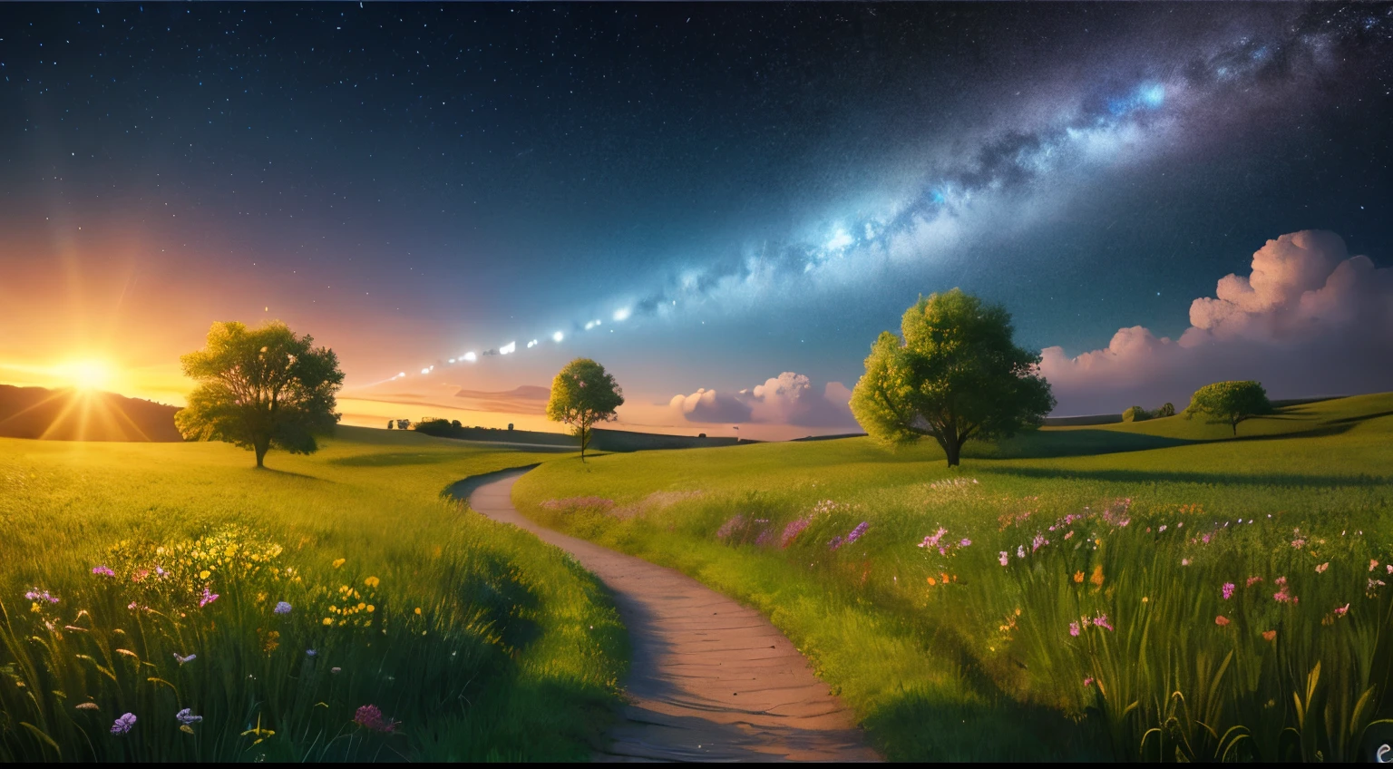 arafed view of a field with a path and a sky with musical notes, music in the air, epic music album cover, music Album art, music album cover, Atmospheric artwork, Dreamy scene, dream scenery art, Album art, music, Dreamy atmosphere, Background artwork, A dreamlike night, Official artwork, Dreamy digital painting, music notes, beautiful, Dramatic works of art