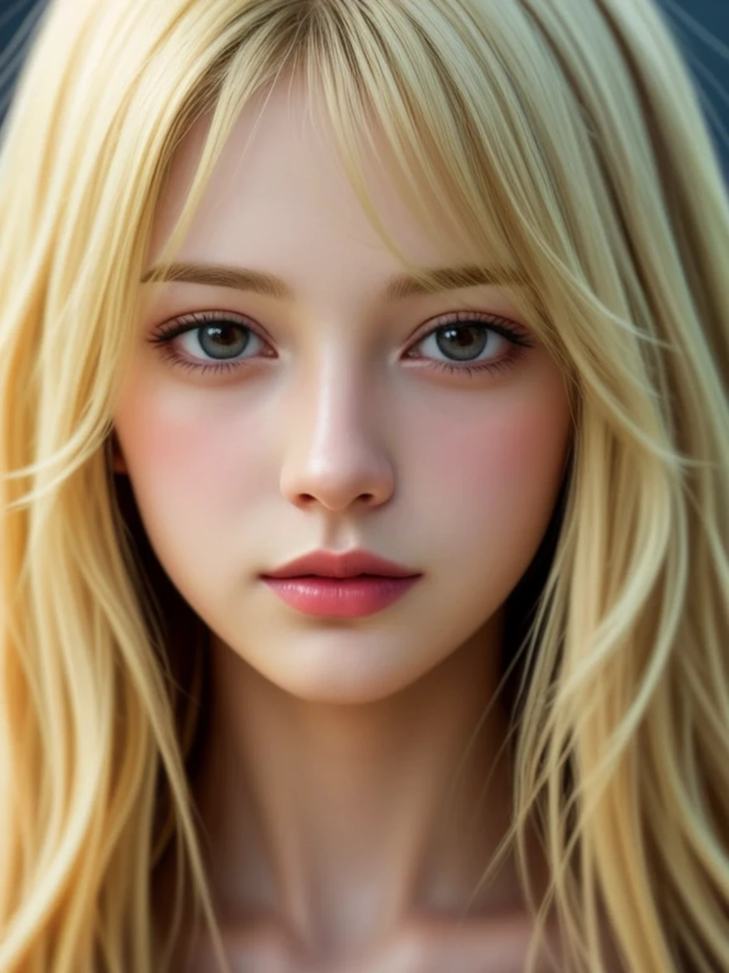 Close-up head, To the camera, Realistic digital painting of a woman portrait, Shy, open mouth to say something, sad, (Wavy medium Hair:1.1), bangs, (Soft silky Blonde Hair:1.3), (Highly detailed skin:1.2), Mystical style, Global Illumination,