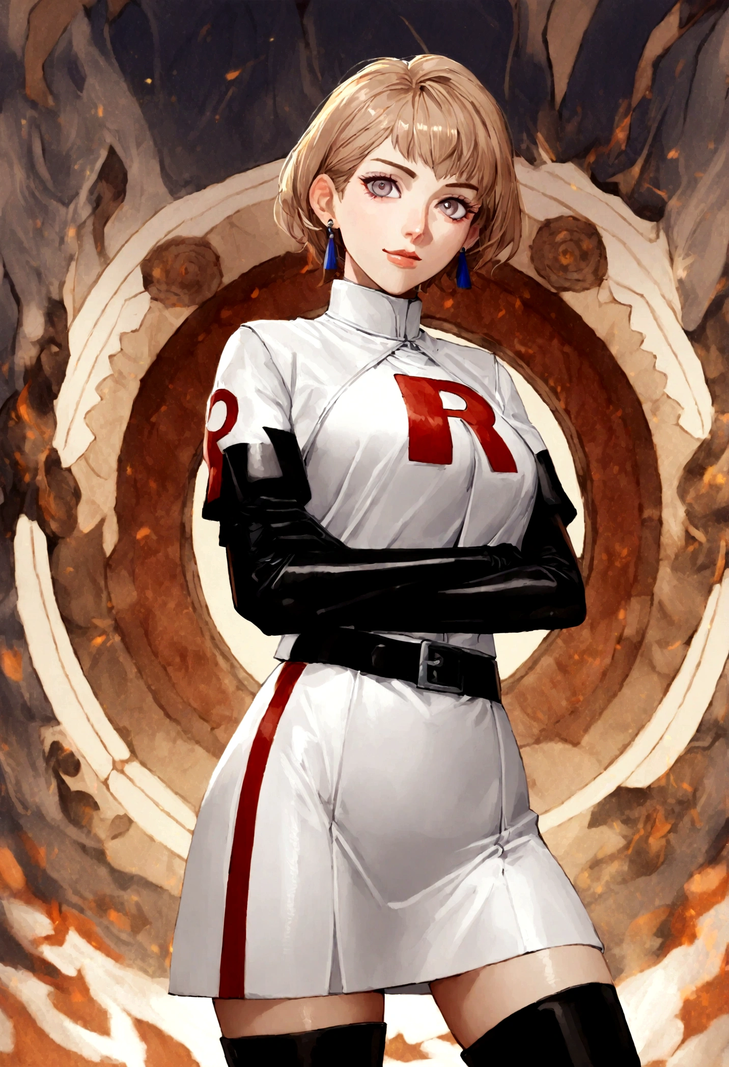 (((1 girl))) short hair, earings ,glossy lips ,team rocket uniform, red letter R, white skirt, white crop top, black thigh-high boots, black elbow gloves, evil smile, looking at viewer, cowboy shot, arms crossed, full body photo Mercedes von Martritz (Fire Emblem: Three Houses)