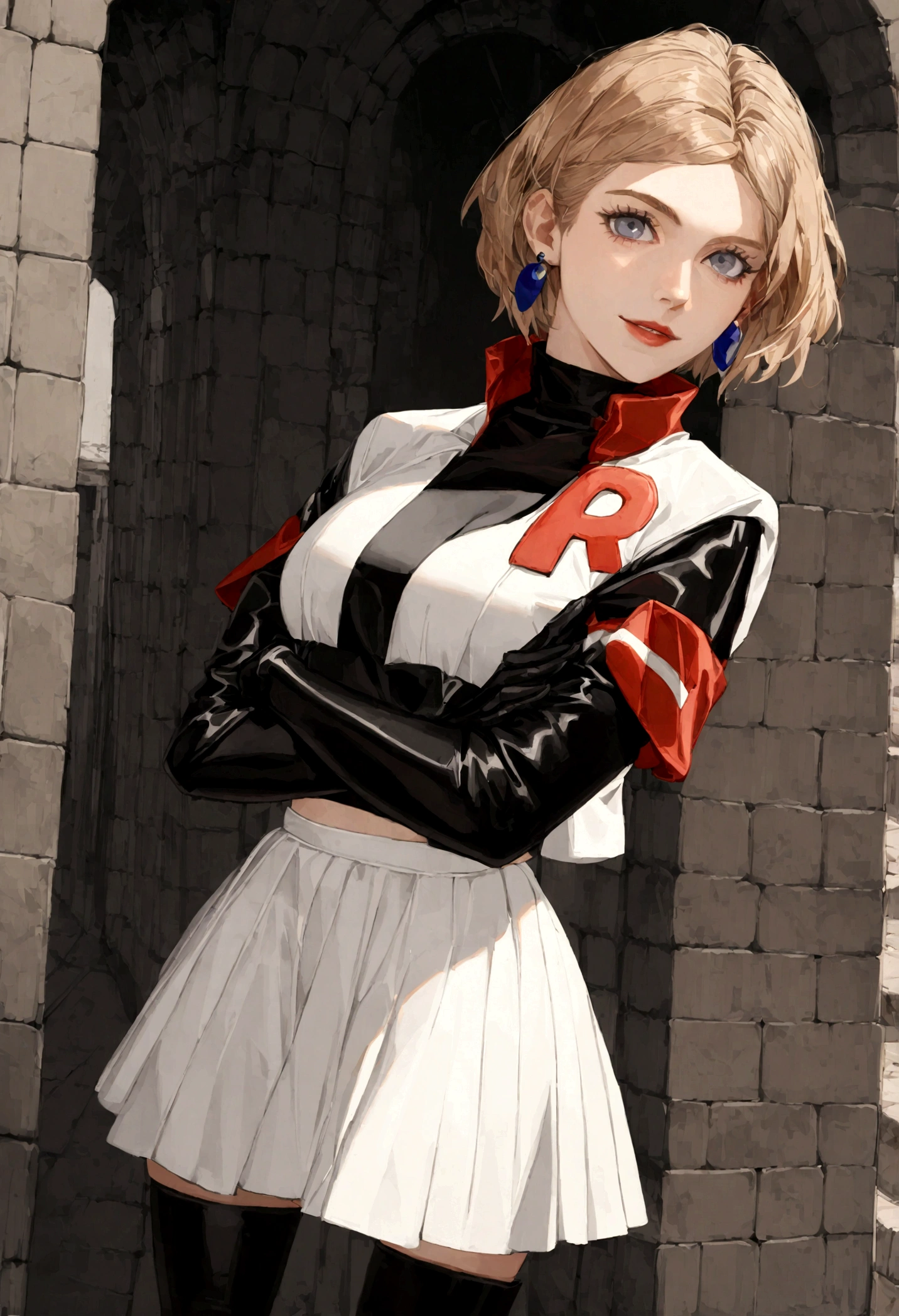 (((1 girl))) short hair, earings ,glossy lips ,team rocket uniform, red letter R, white skirt, white crop top, black thigh-high boots, black elbow gloves, evil smile, looking at viewer, cowboy shot, arms crossed, full body photo Mercedes von Martritz (Fire Emblem: Three Houses)