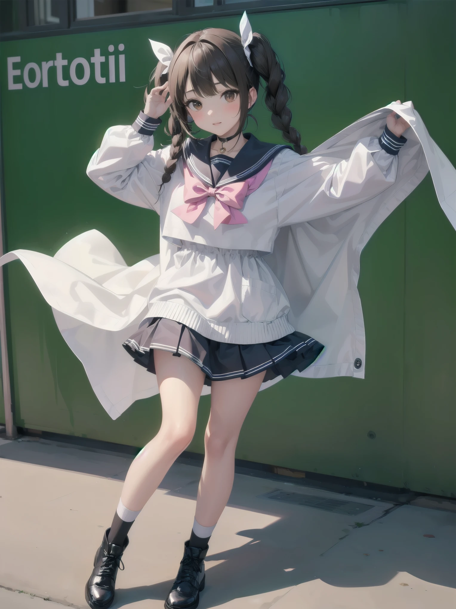 1girl, solo, looking at viewer, skirt, brown hair, shirt, long sleeves, bow, twintails, brown eyes, , full body, shoes, socks, sailor collar, black footwear, twin braids, cosplay, blue bow, white socks, pink skirt, photo background, pink sailor collar