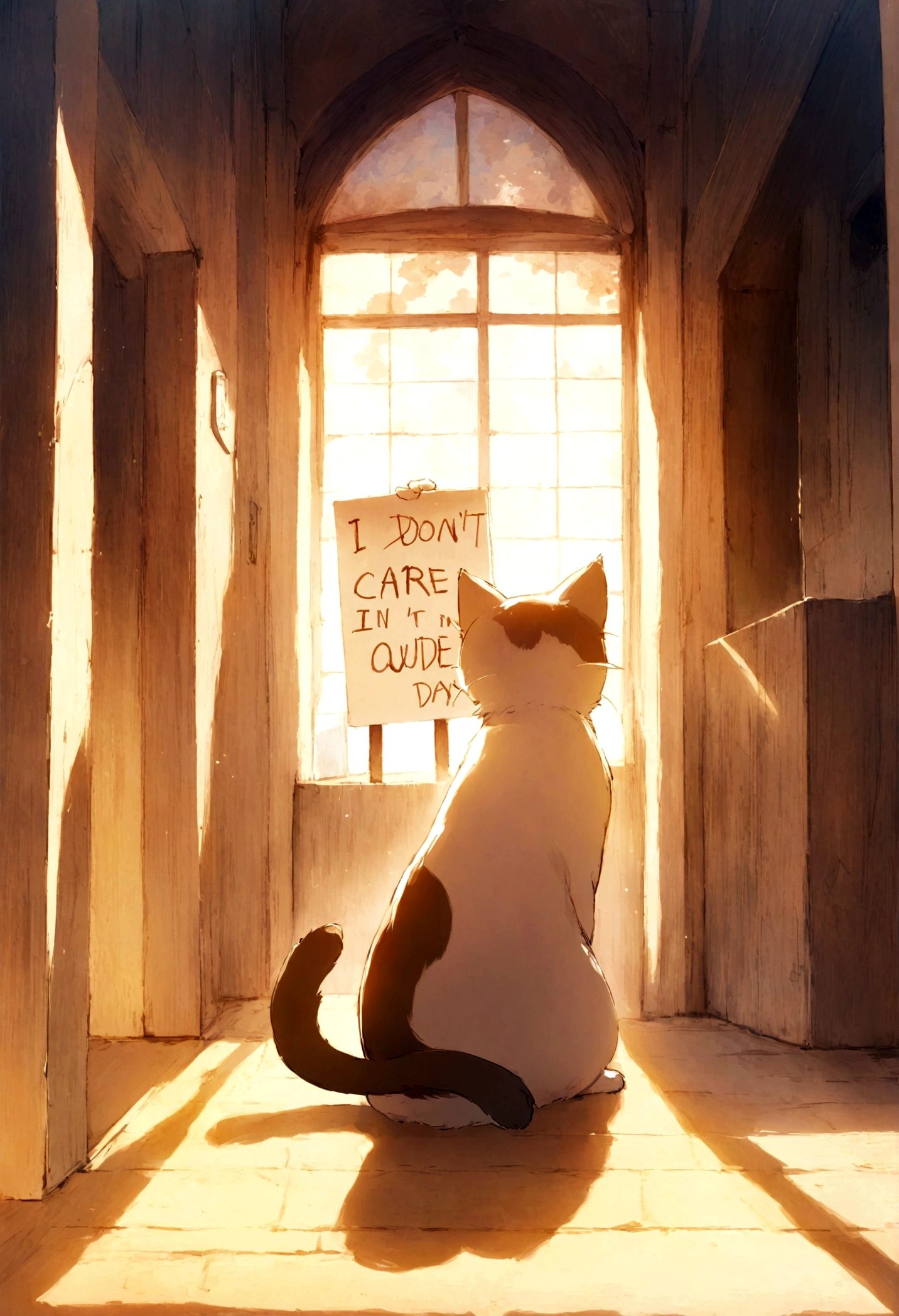 A cute anime cat holding a sign that says I DON'T CARE, marching outside in a beautiful day.