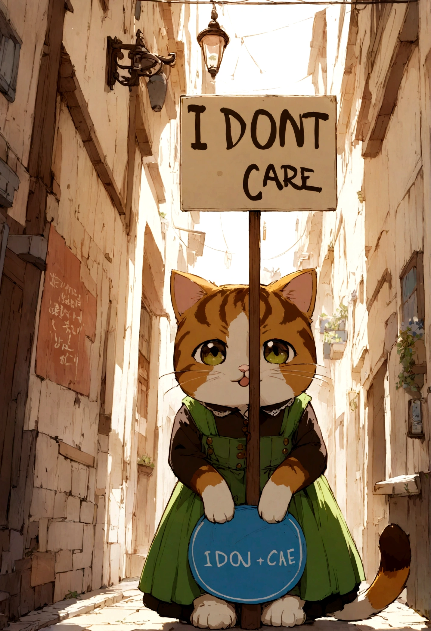 A cute anime cat holding a sign that says I DON'T CARE, marching outside in a beautiful day.