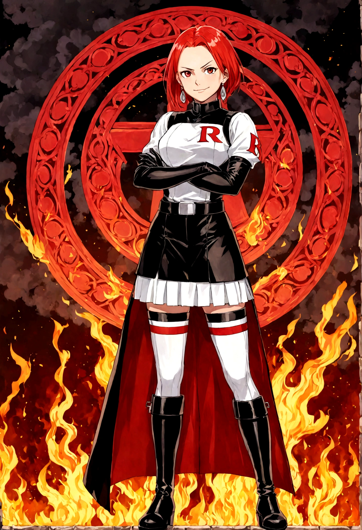 (((1 girl))) short hair, earings ,glossy lips ,team rocket uniform, red letter R, white skirt, white crop top, black thigh-high boots, black elbow gloves, evil smile, looking at viewer, cowboy shot, arms crossed, full body photo Mercedes von Martritz (Fire Emblem: Three Houses)