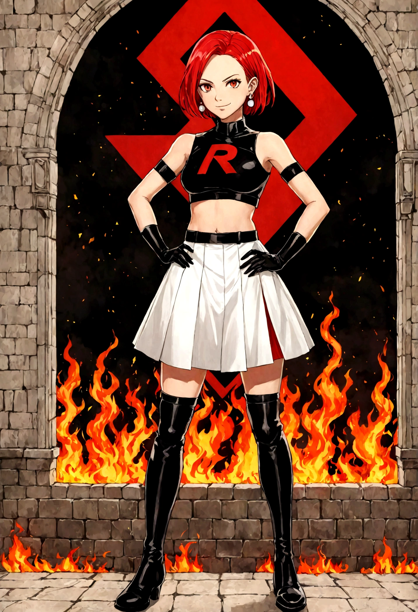 (((1 girl))) short hair, earings ,glossy lips ,team rocket uniform, red letter R, white skirt, white crop top, black thigh-high boots, black elbow gloves, evil smile, looking at viewer, cowboy shot, arms crossed, full body photo Mercedes von Martritz (Fire Emblem: Three Houses)