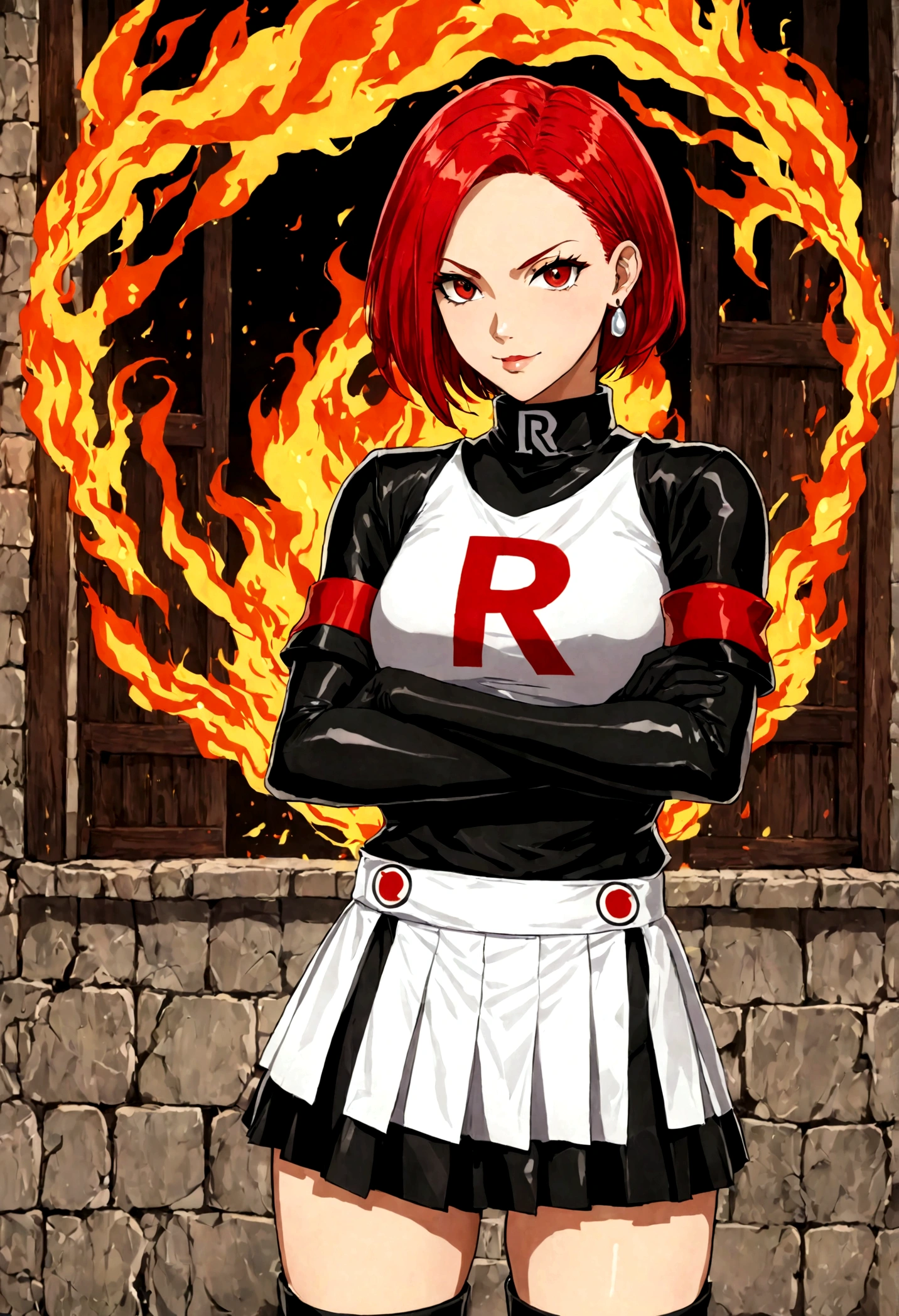 (((1 girl))) short hair, earings ,glossy lips ,team rocket uniform, red letter R, white skirt, white crop top, black thigh-high boots, black elbow gloves, evil smile, looking at viewer, cowboy shot, arms crossed, full body photo Mercedes von Martritz (Fire Emblem: Three Houses)