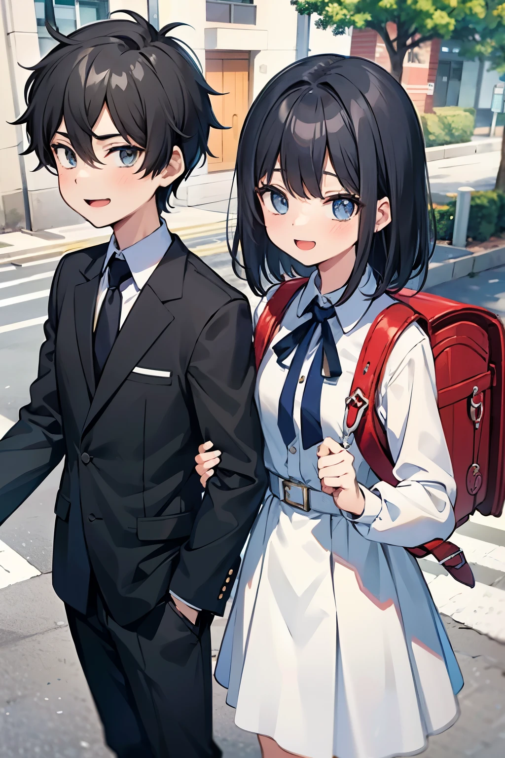 Masterpiece, hd, highschool students, 1girl and 1boy, school_uniform, standing, outdoor, a couple a boy and a girl, (1boy, black hair, smilewearing black blazer, white collared shirt, necktie, standing), (1girl, black hair, short hair, smile, wear white dress, blue tie, carries red backpack, standing), (couple:1.2)