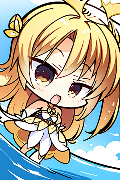 perfect face, perfect hands.. A blonde haired female angel with hazel eyes and golden wings in a conservative pirate captain's outfit is holding a golden coin with a big smile in tropical island