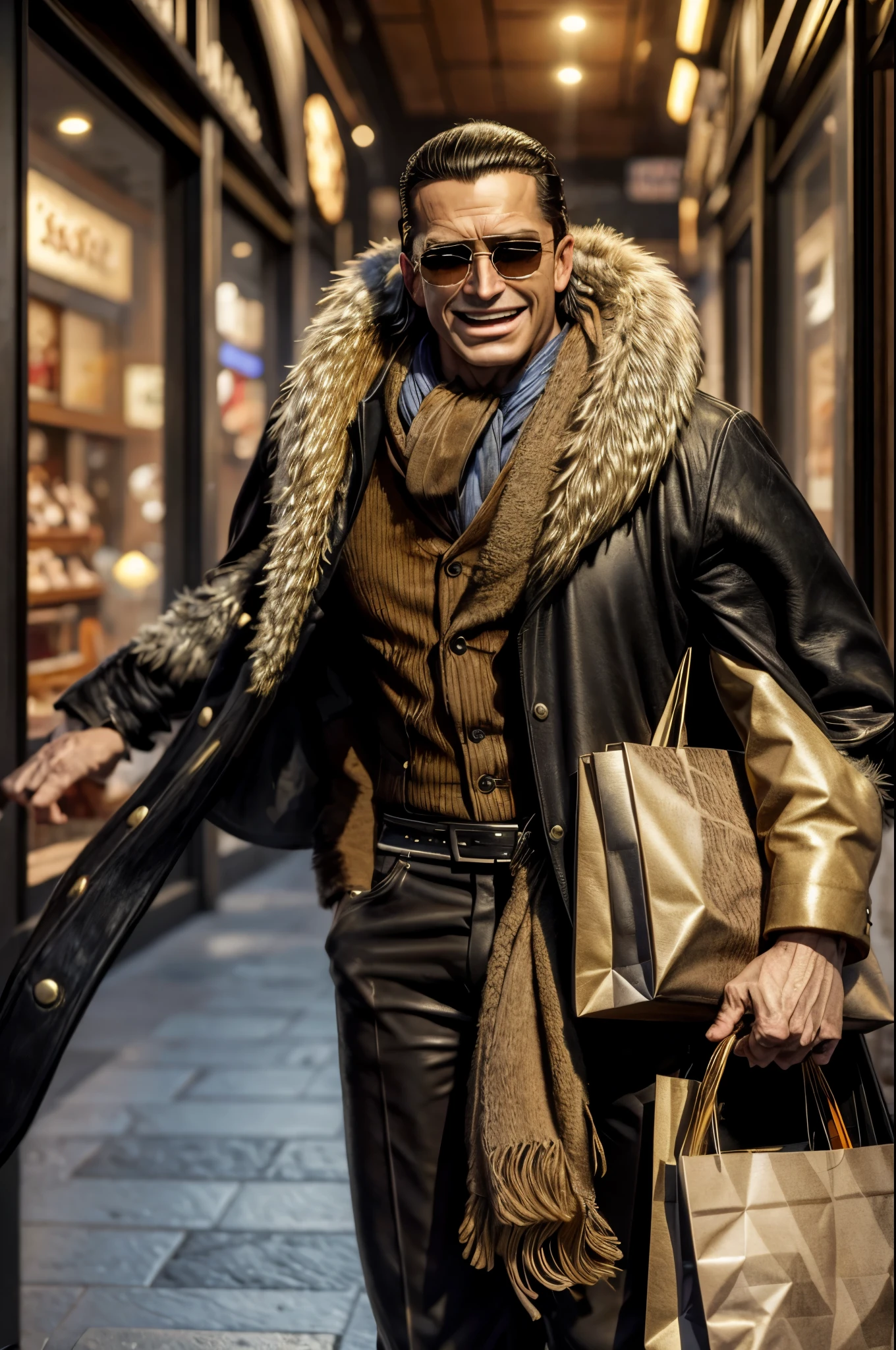 masterpiece, best quality, extremely detailed, hyperrealistic, photorealistic, a cool 40s man, ultra detailed face:1.2, fur-trimmed coat, scarf around the neck, his left hand is a golden pirate hook:1.1, shopping mall, shopping, dynamic angle, laughing, sunglasses, cigar