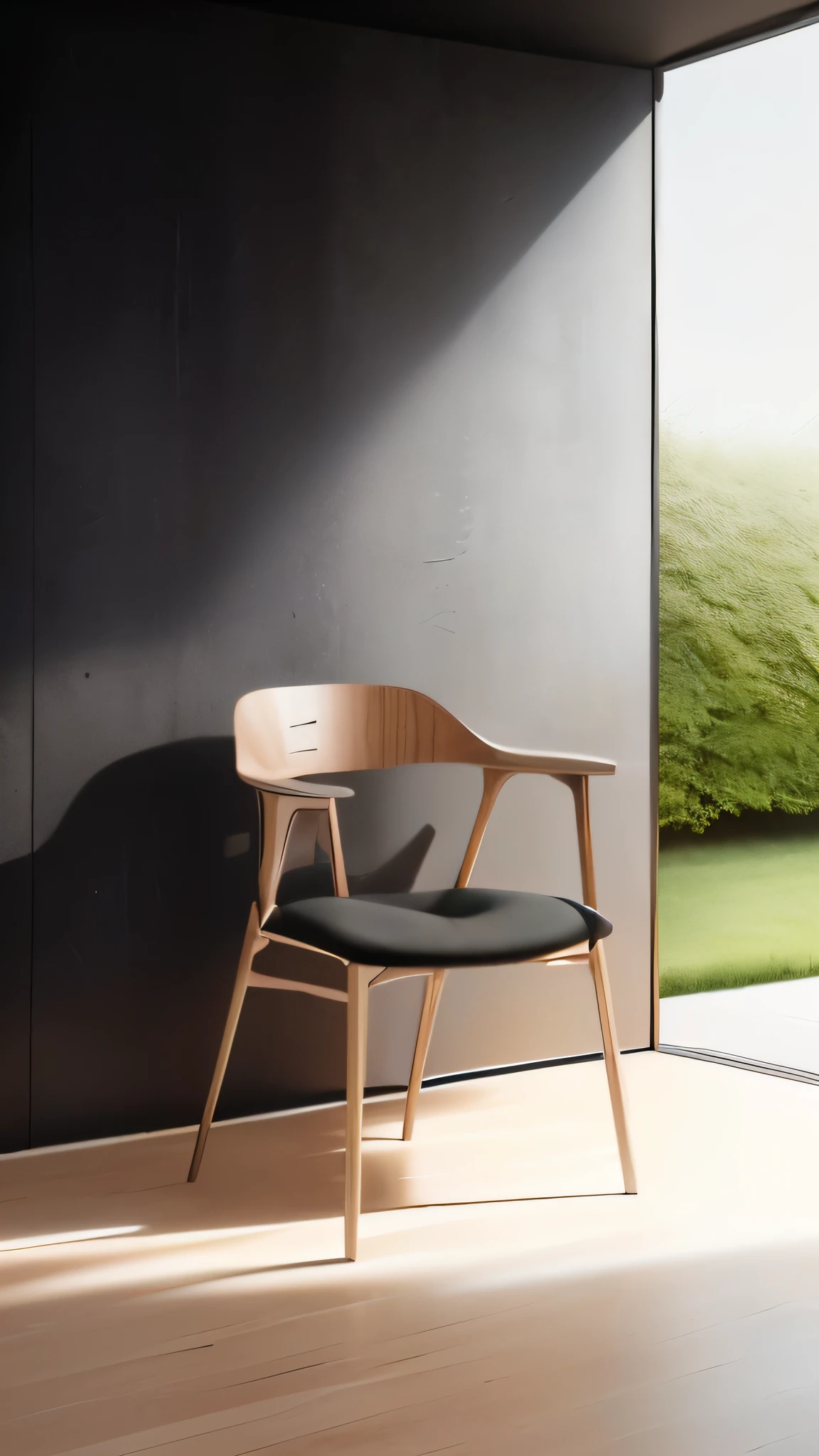 a close up of a Chair with a black seat and a wooden back, from me, Chair, black Chair, single Chair, Inspired by Tsuji Kako, ivy, Chairs, Very simple, Panorama, Exquisite and simple structure, 2 d cg, wood Chair, Medium Polyester, armChair, Inspired by David Chipperfield, painting