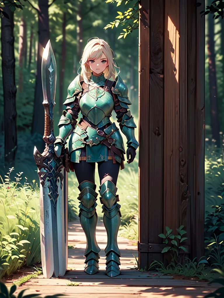 Design a layout showcase Gaming character, (1girl). Green+Brown clothes, earthy and grounded, ((showcase weapon:1.4)), spear, (masterpiece:1.2), (best quality), 4k, ultra-detailed, (Step by step design, layout art:1.5), (forest lighting, natural setting), warrior, ((leather gloves)), (((revealing armor:1.3))), bark vambraces, rugged boots, (((full_body_shot:1.4)))