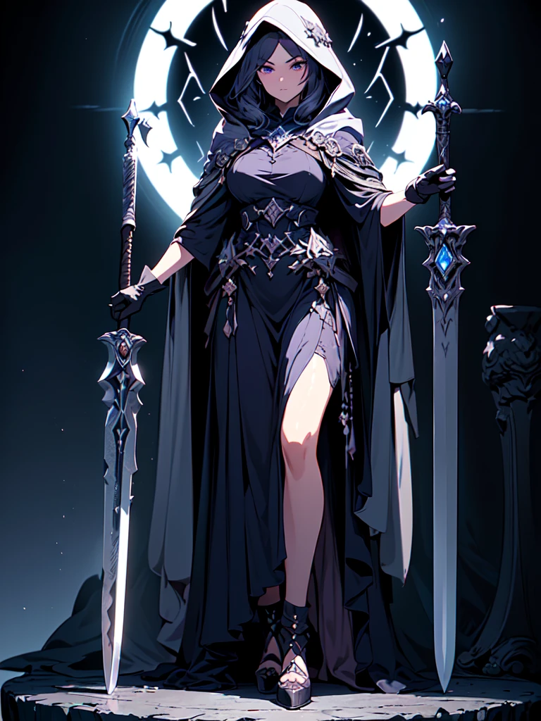 Design a layout showcase Gaming character, (1girl). Purple+Black attire, mysterious and enchanting, ((showcase weapon:1.4)), crystal ball, (masterpiece:1.2), (best quality), 4k, ultra-detailed, (Step by step design, layout art:1.5), (moody lighting, magical lighting), sorceress, ((hooded cloak)), (((long gloves:1.3))), flowing dress, high heels, (((full_body_shot:1.4)))