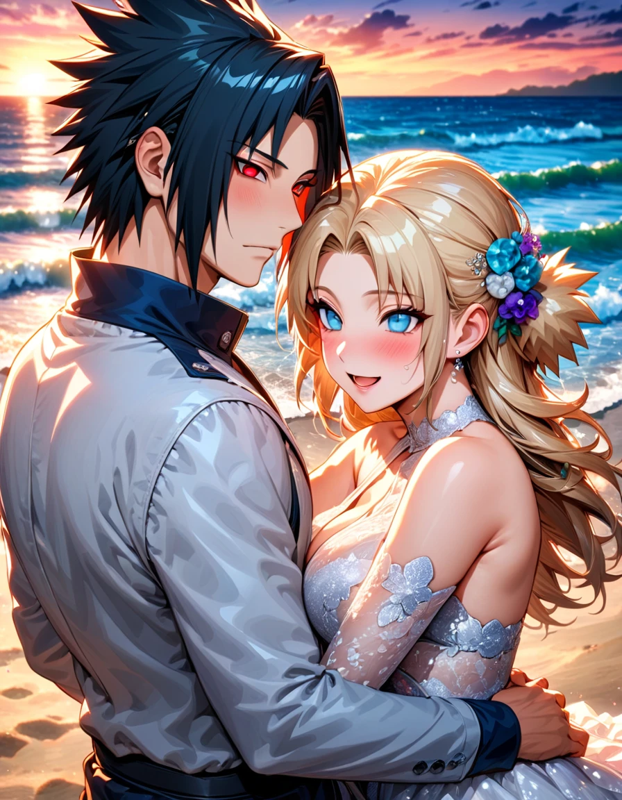 Ultra detailed, highres, absurdres, HDR, master piece, Temari, sand-blond hair, expressive teal eyes, Uchiha Sasuke, black hair, expressive red eyes, sunset, beach, a handsome man together with a beautiful woman, couple, love, Naruto Shippuden, very detailed face and eyes, water, summer, best quality, happy, white wedding clothes, sexy