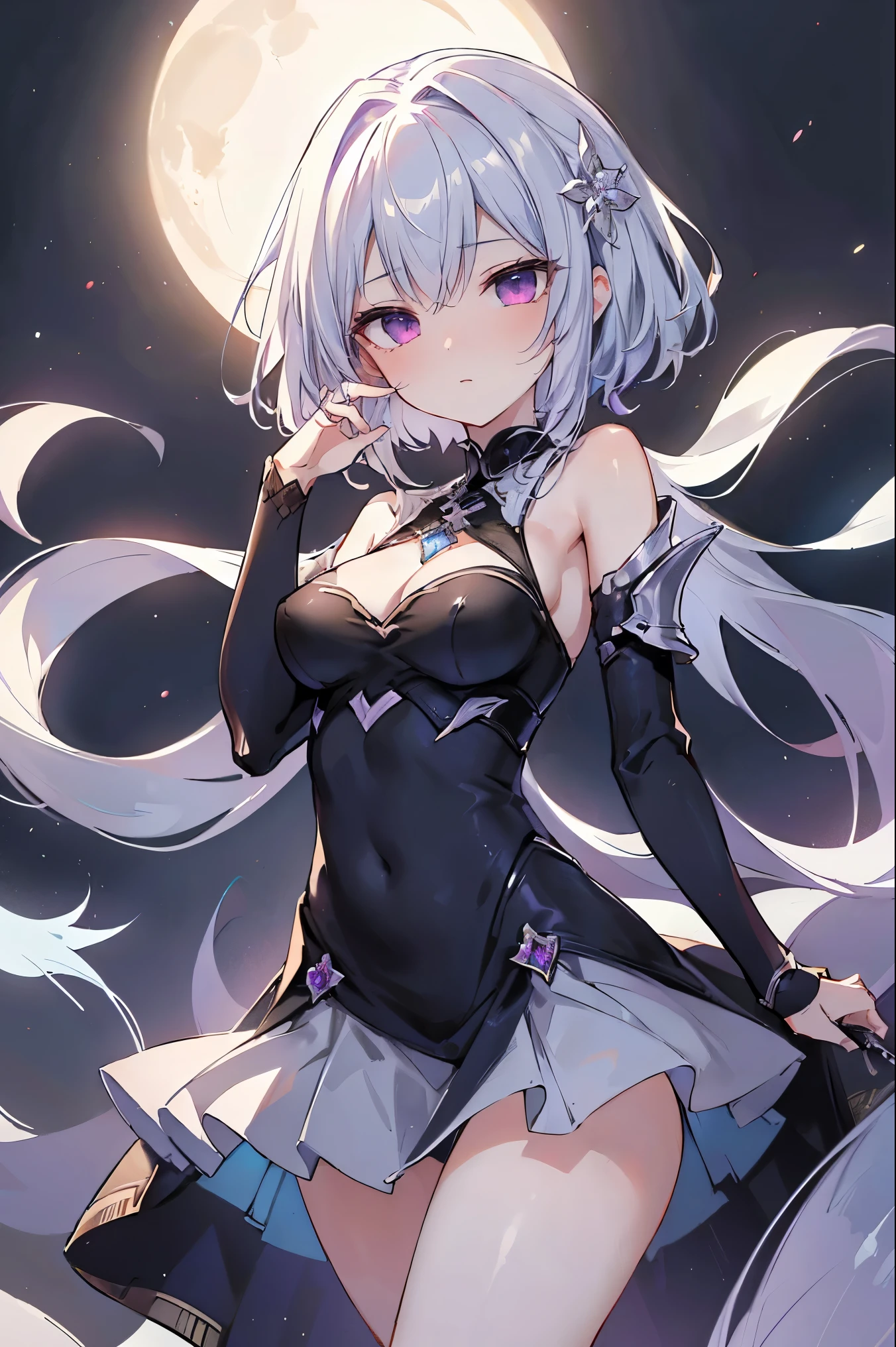 1girl, anime, cute girl, blank background, white background, fantasy, detailed fantasy dress with highlights, beautiful face, beautiful eyes, dark colors, black hair with multicolor streaks, red eye with different color pupil in eye, multicolor eye, medium breasts, slight cleavage, beautiful skin, cute, breast curtains, extremely delicate and beautiful, (beautiful detailed face:1.0), (detailed deep eyes), symmetrical breasts, deep eyes, shiny skin, portrait, slender waist, hips wider than shoulders, thighs, expressionless, young girl, luminous eyes, adorable,(Kpop idol),(aegyo sal:1),(Platinum blonde hair:1),((puffy eye)),Black panty,sexy posture,Superskirt, Ultra-high resolution,Black collar,slim figure, Abdominal y tattoo, womb tattoo,Tight-fitting leg ring,y tattoo on half-body,Bare skin, Armored hand,Hidden fingertips,Hand covered,Arm covered,Fist covered,{{beautiful detailed fingers}}, tufts of hair, moderate beautiful breast:1.0,(masterpiece:1.2), best quality, high-res, HDR, perfect face, intricate armor, delicate blue filigree, intricate filigree, red metalic parts, detailed part, dynamic pose, dynamic lights, cute face, neutral expression, shuimobysim, lotus, hanfu, maxi skirt, dress conservatively 1girl, solo, long blue hair, standing, One lady,14years,((White hair) ,(Shiny purple bodysuit with microskirt),((Fantasy, Moon Night)), gradient_eyes,