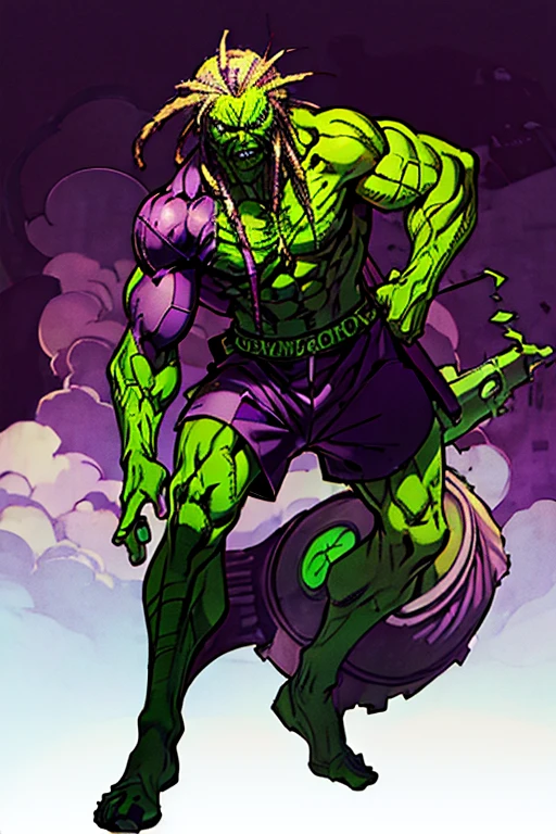 (full body:1.4), (Male of Caucasian origin).A ((muscular:1.2)) green ((zombie)), (missing left eye), long brown dreadlocks, purple basketball shorts, athletic shoes, smoking a cigarillo with massive clouds of purple smoke. smoke coming out of the left eye socket.