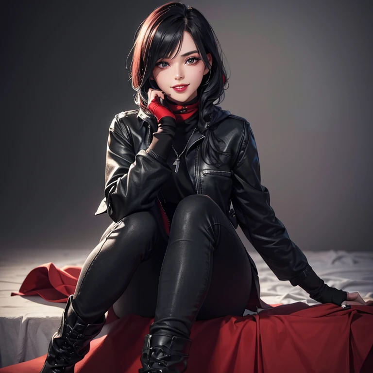 One girl, Alone, hair over one eye, messy black hair, mole under eye, lips, realistic, red lips, looking at viewer, teeth, gray fog background, (extremely detailed 8k wallpaper:1.1), (best quality, 4K, 8K, high resolution, masterpiece: 1.2), ultra-detailed, (realistic, photorealistic, photo realistic: 1.37), portraits, classroom, multicolored hair, smile, red left eye, green right eye, Hodie, fingerless gloves, black jeans, black boots, hands down