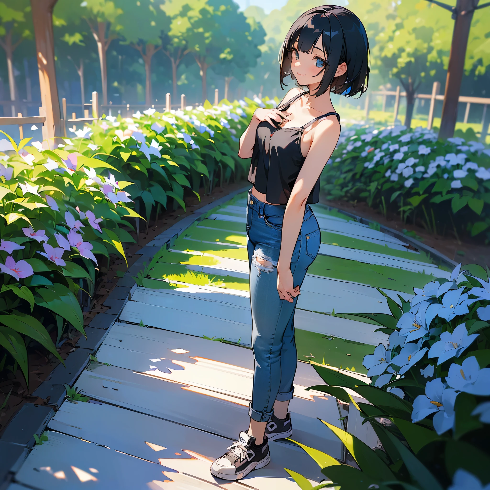 (high quality, High resolution, Very detailed, reality:1.37), Peaceful atmosphere, (Outdoor, garden), Teenage girl standing alone, (my breasts are big.), Beautiful details, Cute Smile, (Black bob hair), camisole, Denim pants, Blue socks, sneakers.