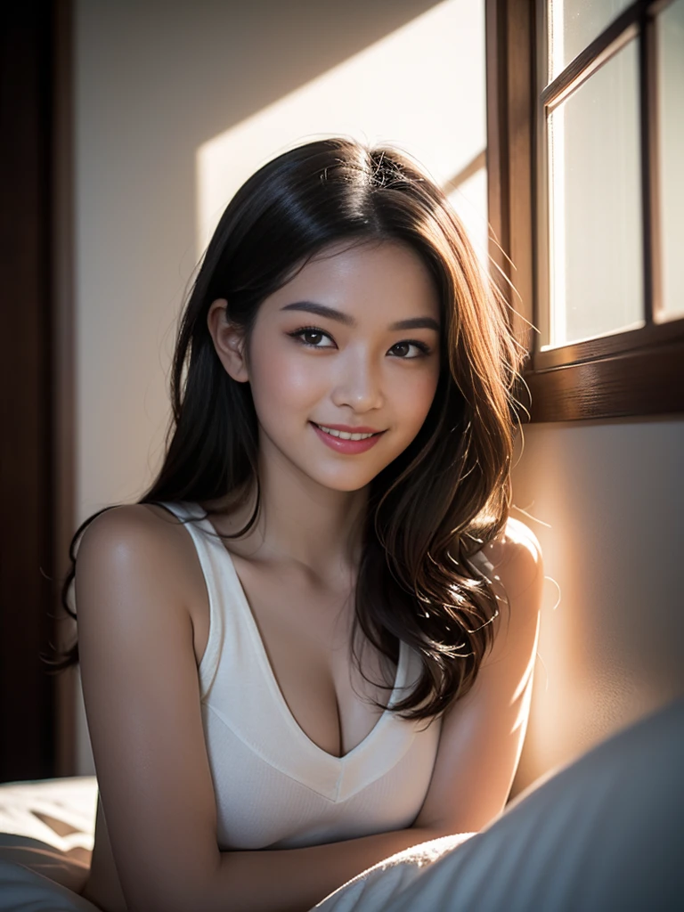 (masterpiece, best quality:1.2), (8k uhd, 16k, 32k, ultra high res), (photorealistic:1.37), (RAW photo), ultimate-realistic, ultimate-realistic details, ultimate-realistic texture, ultimate-intricate details, ultimate-realistic lighting, ultimate-realistic shadow, japanese girl, 24yo, ultimate-cute face, ultimate-RAW skin, ultimate-eyes, ((quite a bit body, very cute smile)), hyper-realistic photograph of a captivating woman, The woman is portrayed in a full bright setting, her features bathed in a soft, diffused glow that accentuates the delicate nuances of her expression, bright glowing skin, The scene features a female, leaning against a wall with her arms raised, eyes closed in a moment of raw emotion. Her attire is minimal, accentuating the curves of her body and the dramatic shadows cast by the lighting. The background is stark, with sharp contrasts highlighting the contours of her form. The blue and black palette intensifies the mood, evoking a sense of mystery and allure. Subtle film grain and meticulous shading add depth and texture, emphasizing the emotional gravity of the scene. The lighting creates a chiaroscuro effect, accentuating her expressive pose and the intense atmosphere, 1girl, upper body, Scandinavian-Japanese girl, detailed cute smilling face, cute eyes, detailed pure red lips, highly detailed waist medium red wavy hair, sleeping in bed,