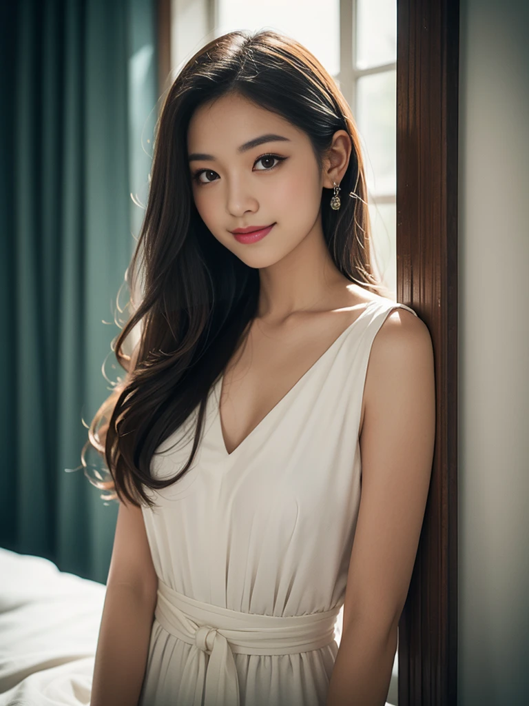 (masterpiece, best quality:1.2), (8k uhd, 16k, 32k, ultra high res), (photorealistic:1.37), (RAW photo), ultimate-realistic, ultimate-realistic details, ultimate-realistic texture, ultimate-intricate details, ultimate-realistic lighting, ultimate-realistic shadow, japanese girl, 24yo, ultimate-cute face, ultimate-RAW skin, ultimate-eyes, ((quite a bit body, very cute smile)), hyper-realistic photograph of a captivating woman, The woman is portrayed in a full bright setting, her features bathed in a soft, diffused glow that accentuates the delicate nuances of her expression, bright glowing skin, The scene features a female, leaning against a wall with her arms raised, eyes closed in a moment of raw emotion. Her attire is minimal, accentuating the curves of her body and the dramatic shadows cast by the lighting. The background is stark, with sharp contrasts highlighting the contours of her form. The blue and black palette intensifies the mood, evoking a sense of mystery and allure. Subtle film grain and meticulous shading add depth and texture, emphasizing the emotional gravity of the scene. The lighting creates a chiaroscuro effect, accentuating her expressive pose and the intense atmosphere, 1girl, upper body, Scandinavian-Japanese girl, detailed cute smilling face, cute eyes, detailed pure red lips, highly detailed waist medium red wavy hair, sleeping in bed,