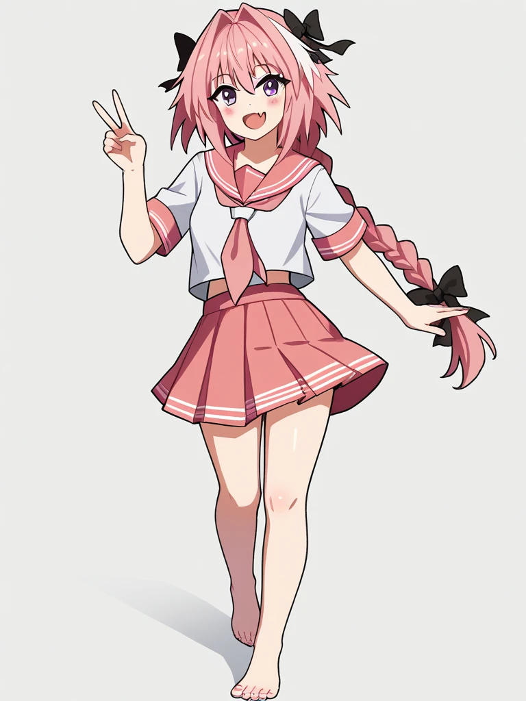 score_9, score_8_up, score_7_up, score_6_up, score_5_up, score_4_up, safe_grade
BREAK
astolfo \(destiny\), otoko no ko, pink hair, braid,
BREAK
alone, standing, pink serafuku, white shirt, pink thighs, pink skirt, peace sign,
BREAK
White background, barefoot,