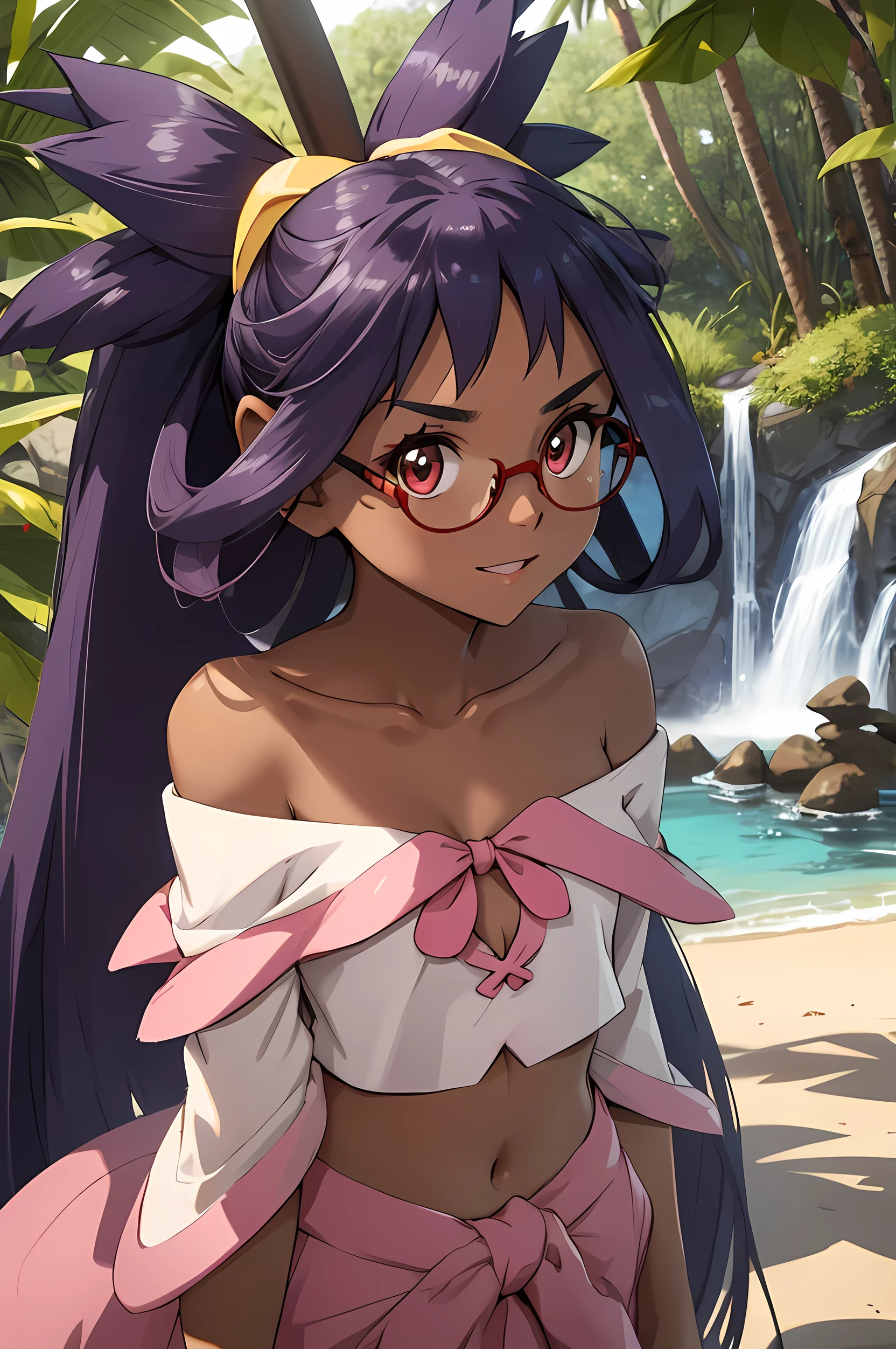 iris (pokemon), long purple hair, big hair, red eyes, dark skin, hair ornament, (masterpiece, best quality), 1girl, small breasts, small hips, crop top, sundress, pervert, , glasses, (masterpiece, best quality:1.1), 1girl, solo, lemon eyes, arms behind head, adjusting clothes, looking back, outdoors,  beach sculpture trail, abstract art,  sunlight, abstract sculptures, natural settings, nature walks,  meditative spaces, bored, distracted, off-shoulder top, long hair, waterfall braid, defined lips, full eyebrows, defined jawline, upper body, perfect eye detail, smile, pink ribbon,