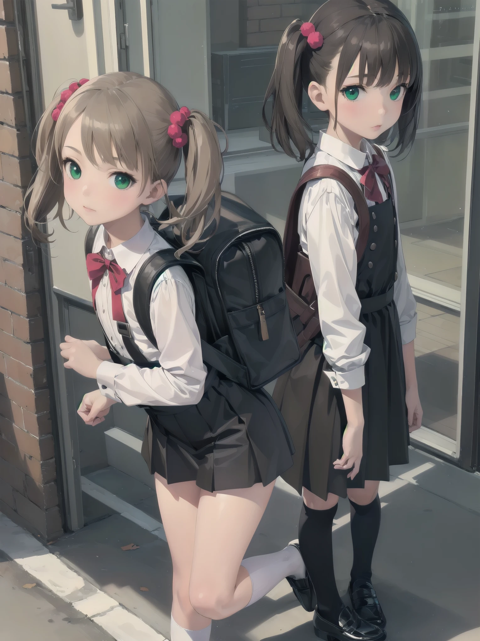 1girl,best quality,ultra-detailed,high resolution,(photorealistic, realistic, photo-realistic:1.2),(9 yo,flat chest),bangs,(smile:0.3),,shigure ui (vtuber),aged down,,backpack,bag,bangs,black dress,black footwear,blush,pom pom hair ornament,collared shirt,green eyes,kneehighs,light brown hair,loafers,long sleeves,pinafore dress,pleated dress,randoseru,red bow,,sleeveless dress,twintails,white legwear,white shirt,anime