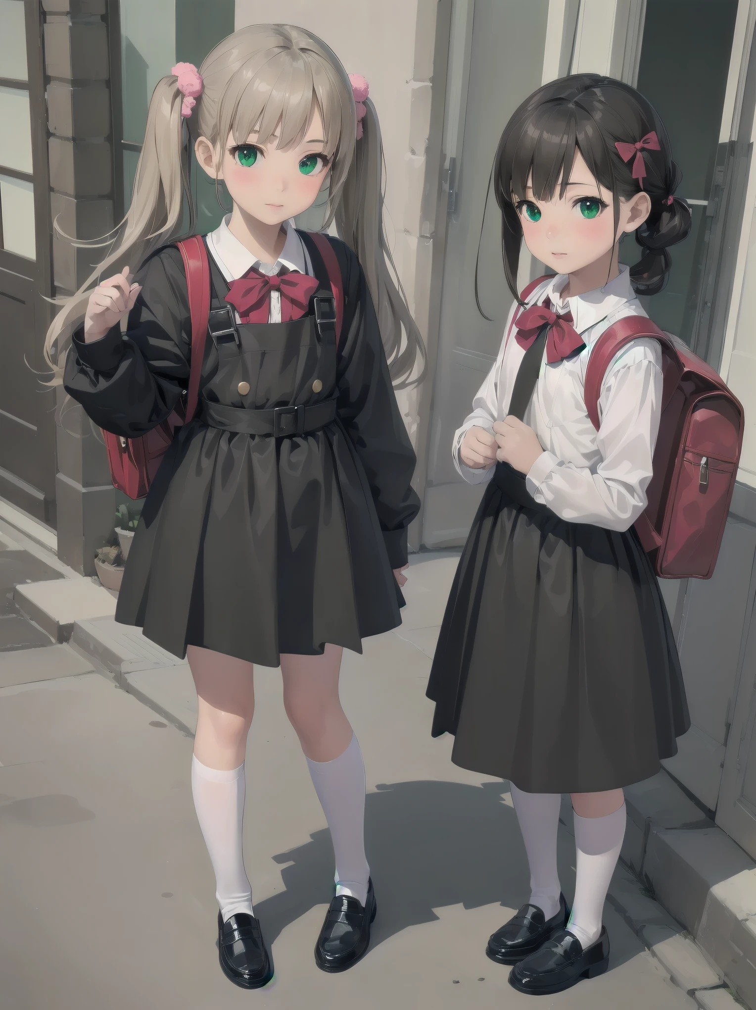1girl,best quality,ultra-detailed,high resolution,(photorealistic, realistic, photo-realistic:1.2),(9 yo,flat chest),bangs,(smile:0.3),,shigure ui (vtuber),aged down,,backpack,bag,bangs,black dress,black footwear,blush,pom pom hair ornament,collared shirt,green eyes,kneehighs,light brown hair,loafers,long sleeves,pinafore dress,pleated dress,randoseru,red bow,,sleeveless dress,twintails,white legwear,white shirt,anime