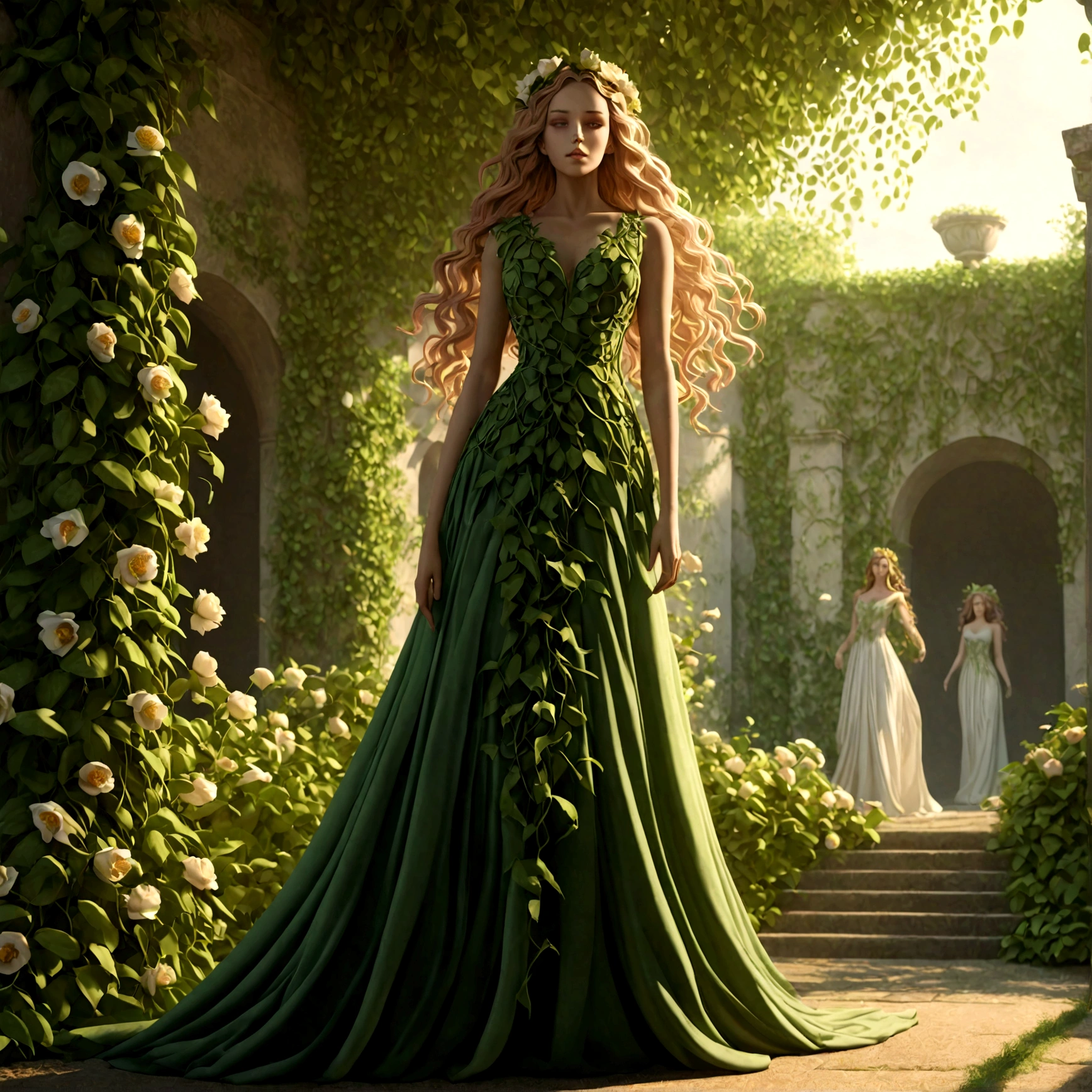 a goddess persephone, elegant intricate floral dress, flowing greenery leaves vines, blooming flowers, lush verdant garden setting, dramatic dramatic lighting, dramatic cinematic atmosphere, hyperrealistic, photorealistic, 8k, ultra-detailed, masterpiece, cinematic lighting, dramatic colors, vivid colors, dramatic shadows, dynamic pose