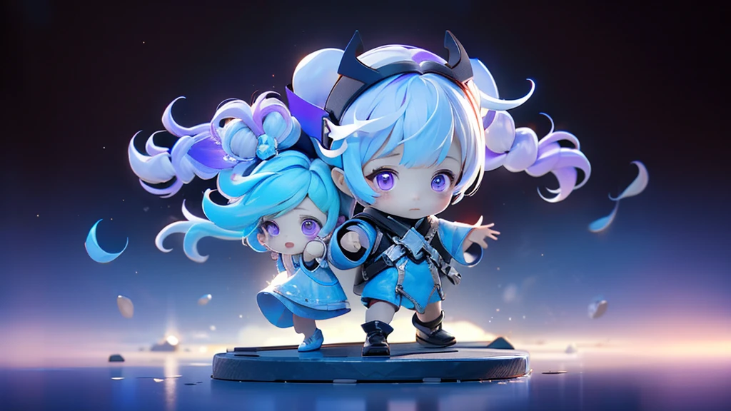 highest quality、Masterpiece、Official Art、The best composition、Super detailed、3D figures of a chibi couple、Girl has purple eyes、White and purple gradient hair color with two braids、黒のCyberpunk clothing、The boy has short white and blue hair.、Gojo Satoru、Cyberpunk clothing、