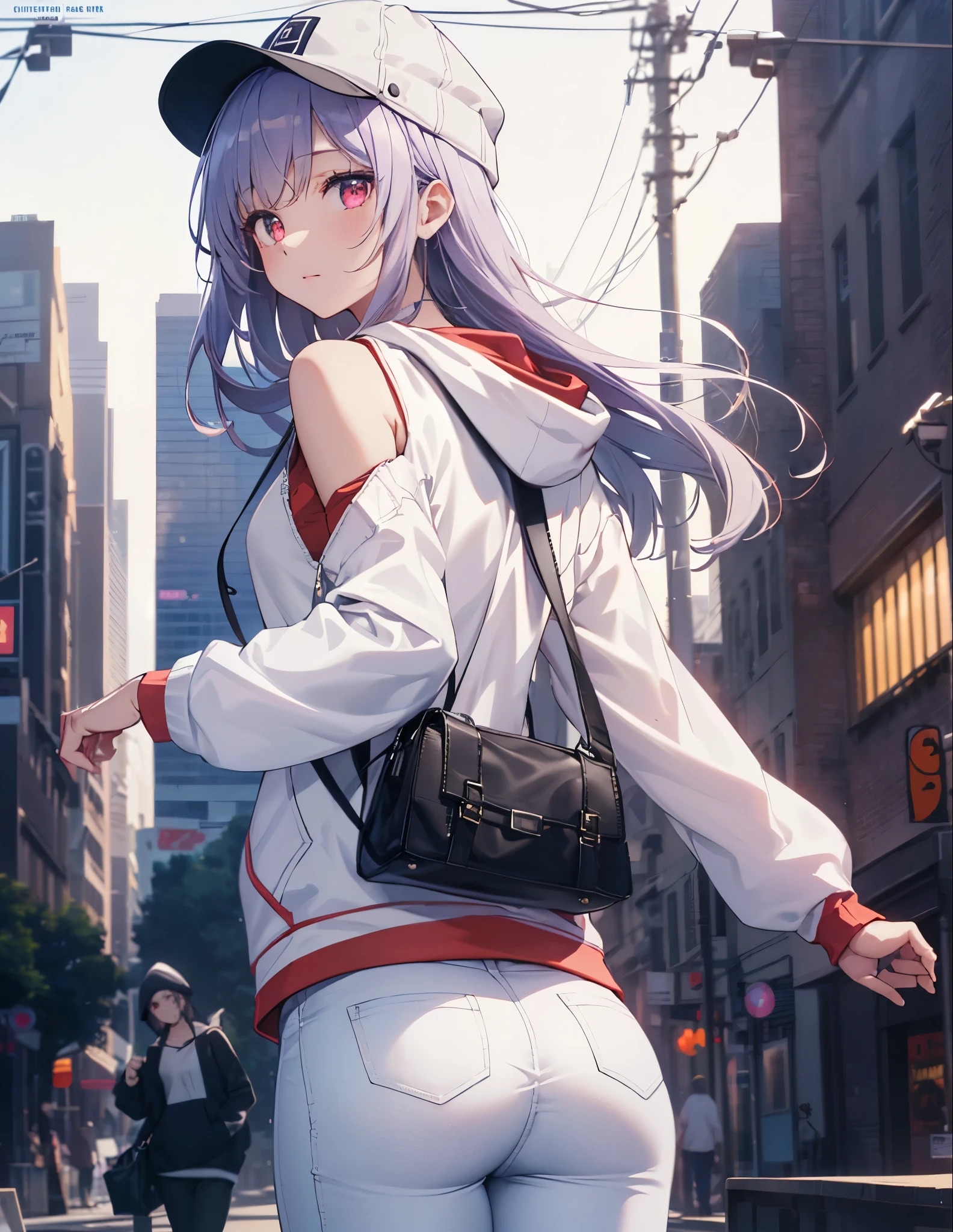 (Close-up:1.3),Realistic,highest quality, Super detailed, High-quality CG rendering, The most delicate and beautiful, Floating softly, High resolution, (1 girl), (highest quality,4K,8k,masterpiece:1.2), Light purple hair,Long Hair,Red eyes,(Pure white oversized hoodie:1.3),(Black skinny pants:1.3),(Pure white cap:1.3),In the city,old buildings,(Upper Body:1.3),(Turn your back to your audience:1.3),Ass,(Small shoulder bag:1.3)