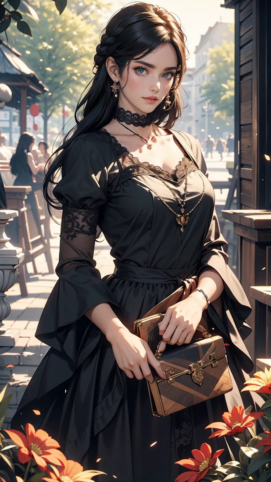 (masterpiece:1.2), (highest quality:1.2), Perfect Eyes, Perfect Face, Perfect lighting, One girl, Mature goth girl woman standing with hands out in front of her, Long Hair, Complicated hairstyle, compensate, Black Lips, Thick eyelashes, sad, melancholy, Dressed as a goth girl, Black and white dress, Frills, ribbon, Puffy sleeves, Exposing shoulders, Lace choker, jewelry, peaceful, quiet, Chill, Detailed outdoor background, Beautiful Landscape, Fantasy, summer, sunny, Sunburned, Flowers, wood