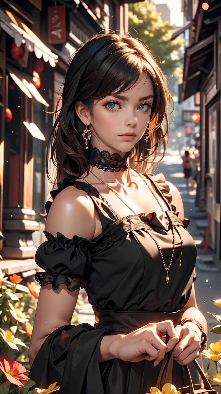 (masterpiece:1.2), (highest quality:1.2), Perfect Eyes, Perfect Face, Perfect lighting, One girl, Mature goth girl woman standing with hands out in front of her, Long Hair, Complicated hairstyle, compensate, Black Lips, Thick eyelashes, sad, melancholy, Dressed as a goth girl, Black and white dress, Frills, ribbon, Puffy sleeves, Exposing shoulders, Lace choker, jewelry, peaceful, quiet, Chill, Detailed outdoor background, Beautiful Landscape, Fantasy, summer, sunny, Sunburned, Flowers, wood  