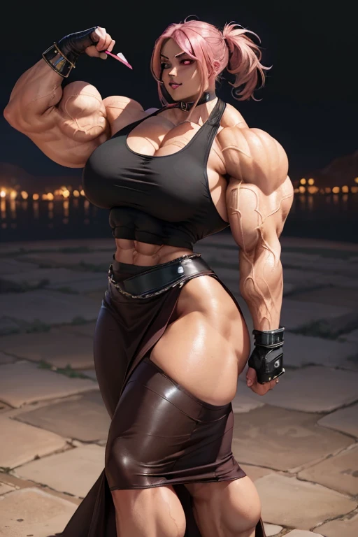(((((Massive, beautiful, light brown skinned, buff, muscular woman with shocking pink hair, black lipstick, glowing red eyes, ginormous bulky muscles and wearing a white maxi top with pencil maxi skirt))))), (close view), (massive muscle), massive biceps, hyper muscle shoulders, vascular shoulders, hyper muscle triceps, (angled bob cut), red eyes, maxi top, (leather gauntlets), maxi skirt, chain belt, choker, thigh high heels, (in a moonlit field), fingerless gloves, closed smile, night, hyper vascular arm, hyper muscles arms, hyper muscle legs, massive arms.