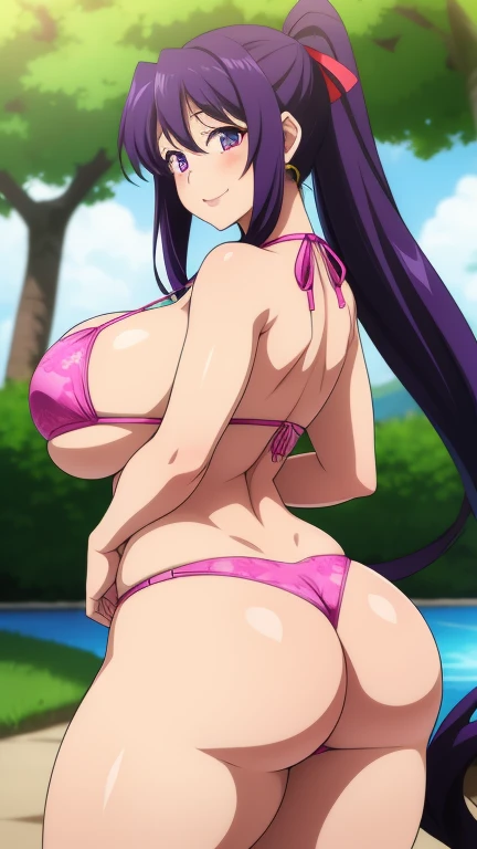 Akeno Himejima, 1girl, (((bimbo))), purple hair, purple eyes, ear rings, (((bimbo))), puffy lips, painted lips, thick lips, smile face, wide hips, thick thighs, huge round ass, huge natural Hitomi Tanaka breasts, bikini, walking, looking back