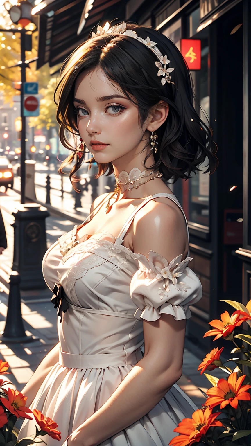 (masterpiece:1.2), (highest quality:1.2), Perfect Eyes, Perfect Face, Perfect lighting, One girl, Mature goth girl woman standing with hands out in front of her, Long Hair, Complicated hairstyle, compensate, Black Lips, Thick eyelashes, sad, melancholy, Dressed as a goth girl, Black and white dress, Frills, ribbon, Puffy sleeves, Exposing shoulders, Lace choker, jewelry, peaceful, quiet, Chill, Detailed outdoor background, Beautiful Landscape, Fantasy, summer, sunny, Sunburned, Flowers, wood  